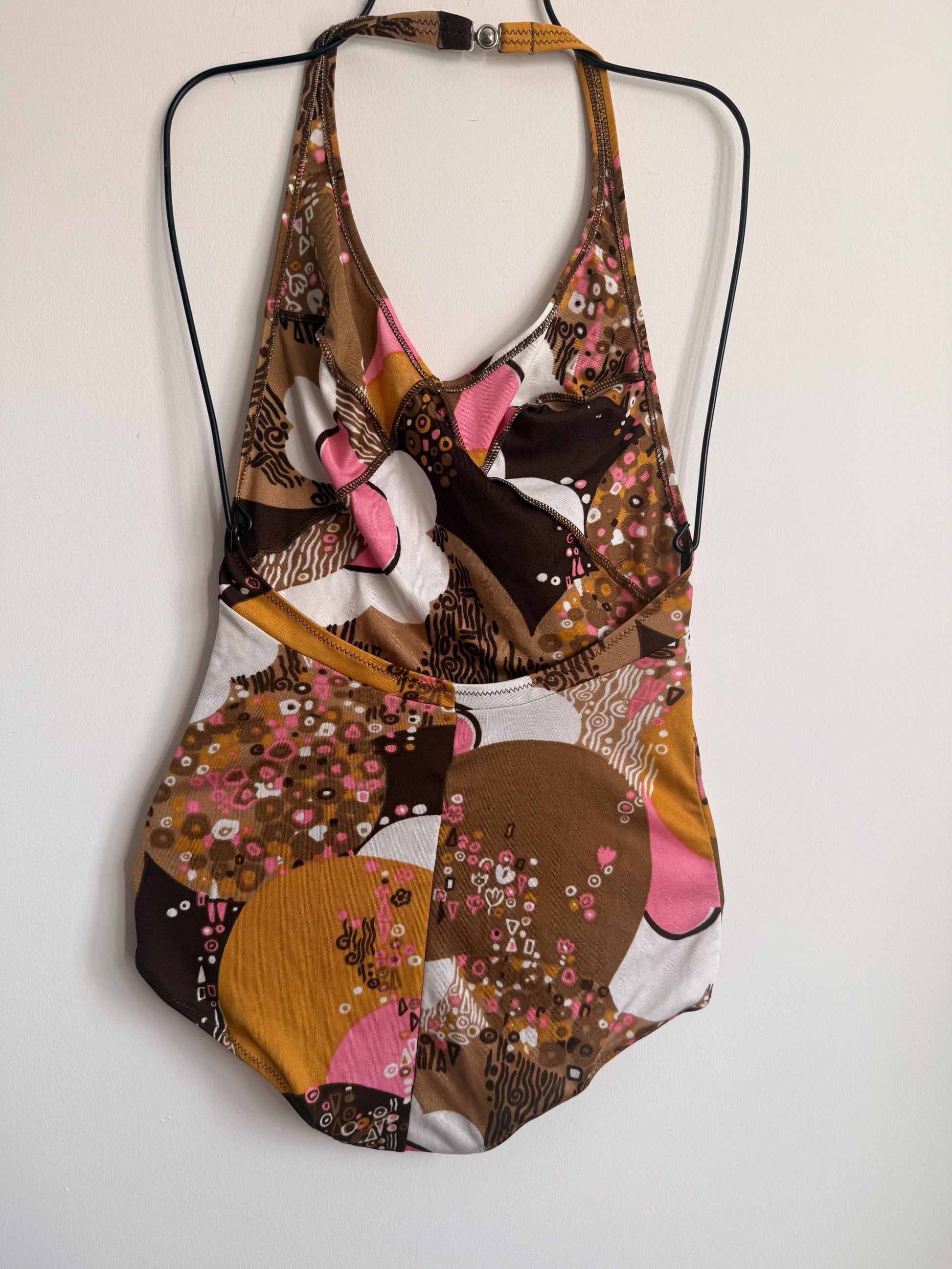 Vintage 1970s Mod Floral Halterneck Swimsuit | Retro One Piece | UK 8-10