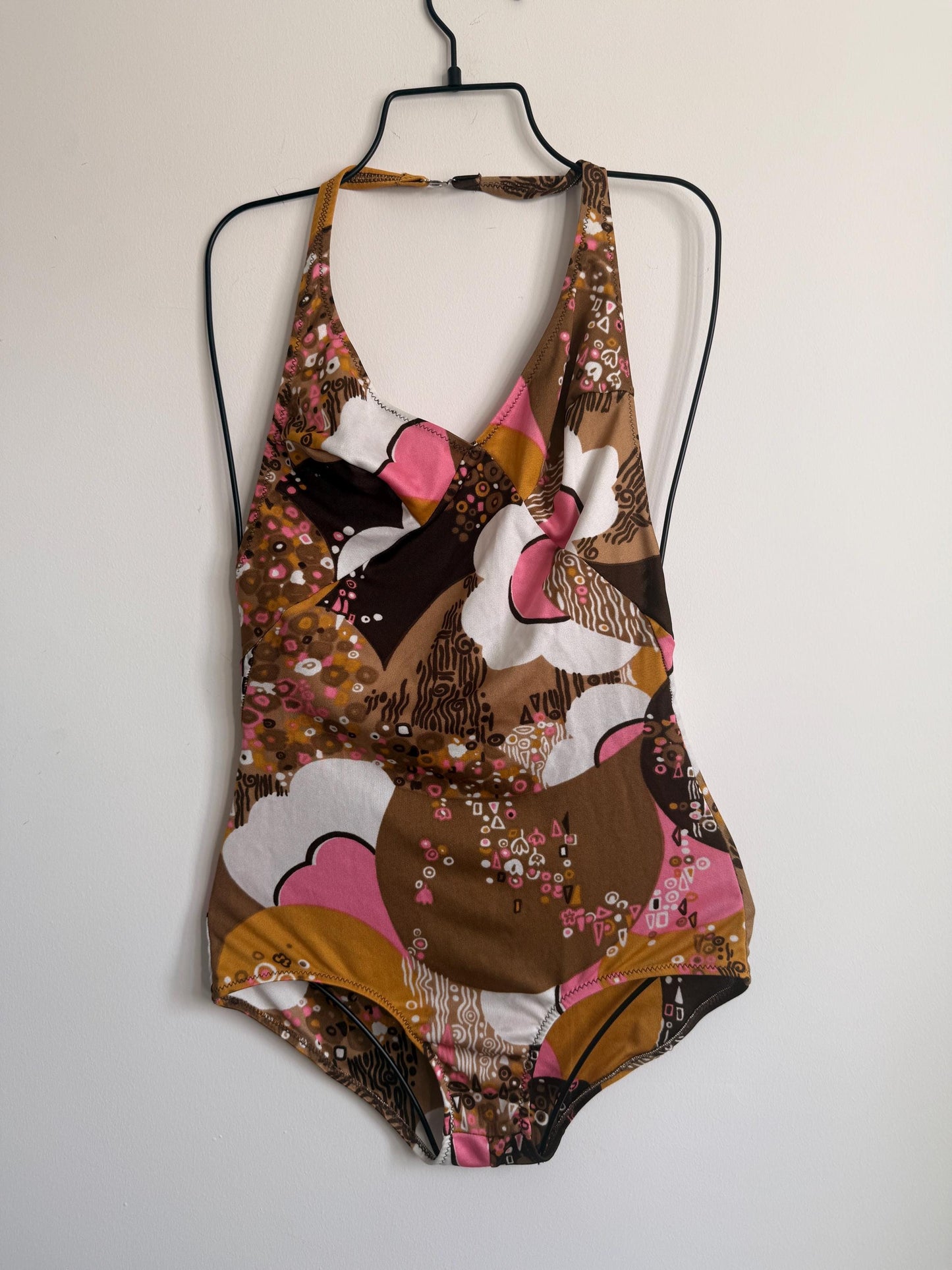 Vintage 1970s Mod Floral Halterneck Swimsuit | Retro One Piece | UK 8-10