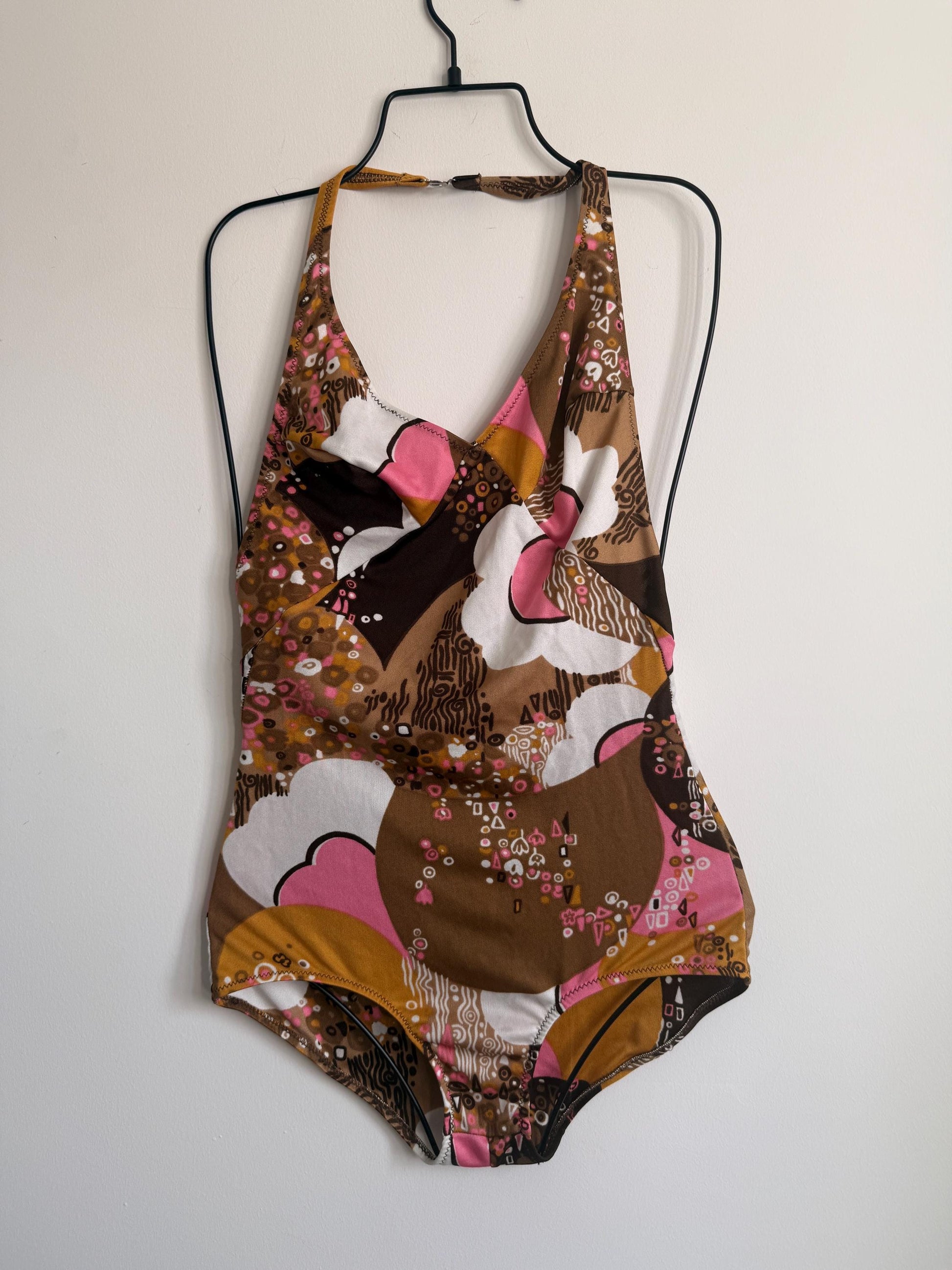 Vintage 1970s Mod Floral Halterneck Swimsuit | Retro One Piece | UK 8-10