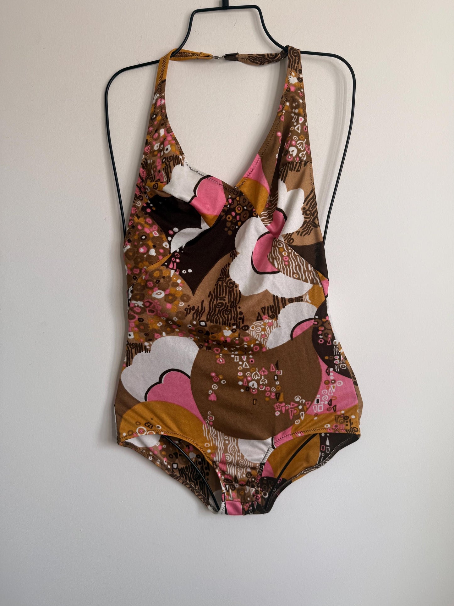 Vintage 1970s Mod Floral Halterneck Swimsuit | Retro One Piece | UK 8-10