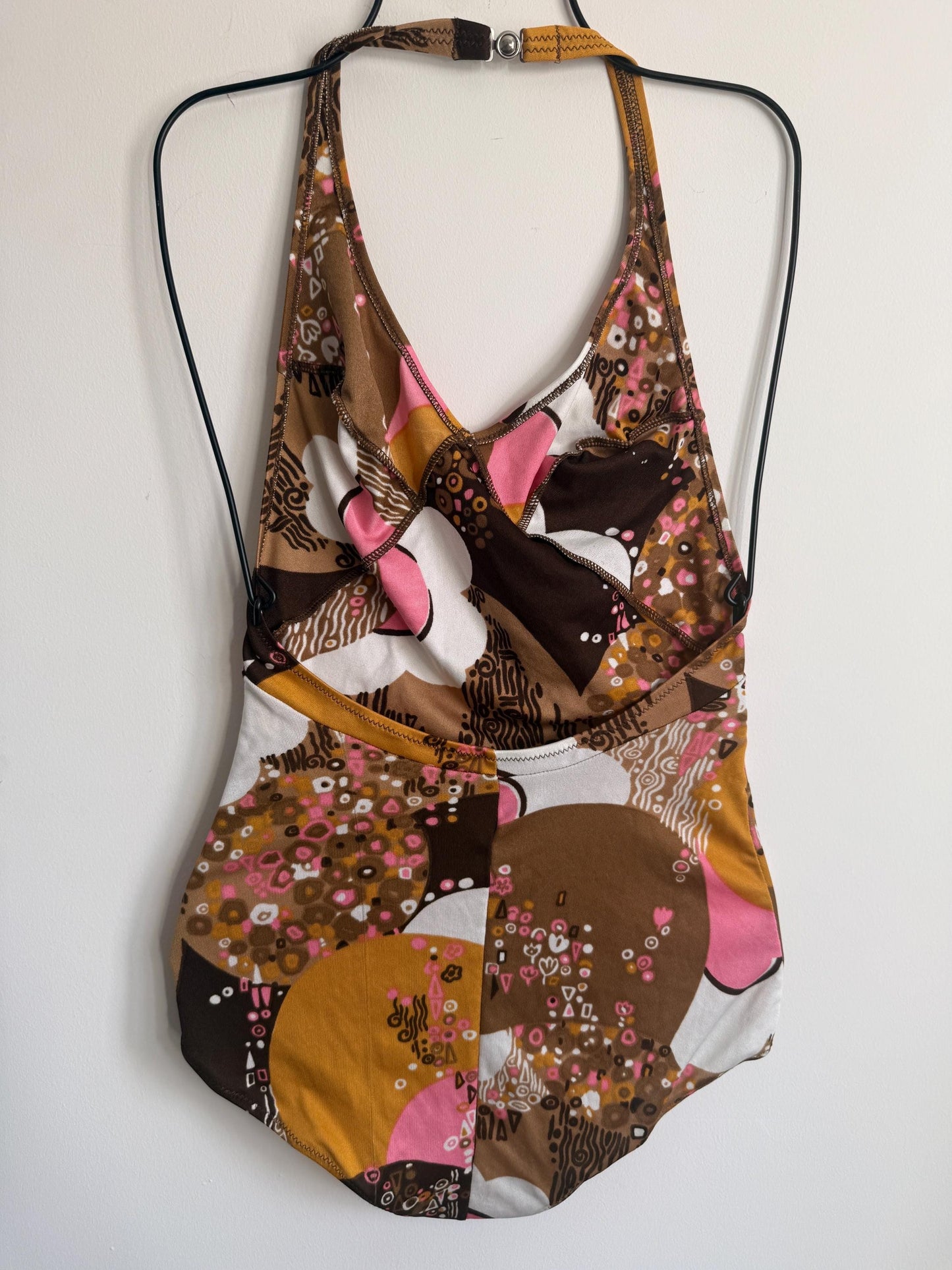 Vintage 1970s Mod Floral Halterneck Swimsuit | Retro One Piece | UK 8-10