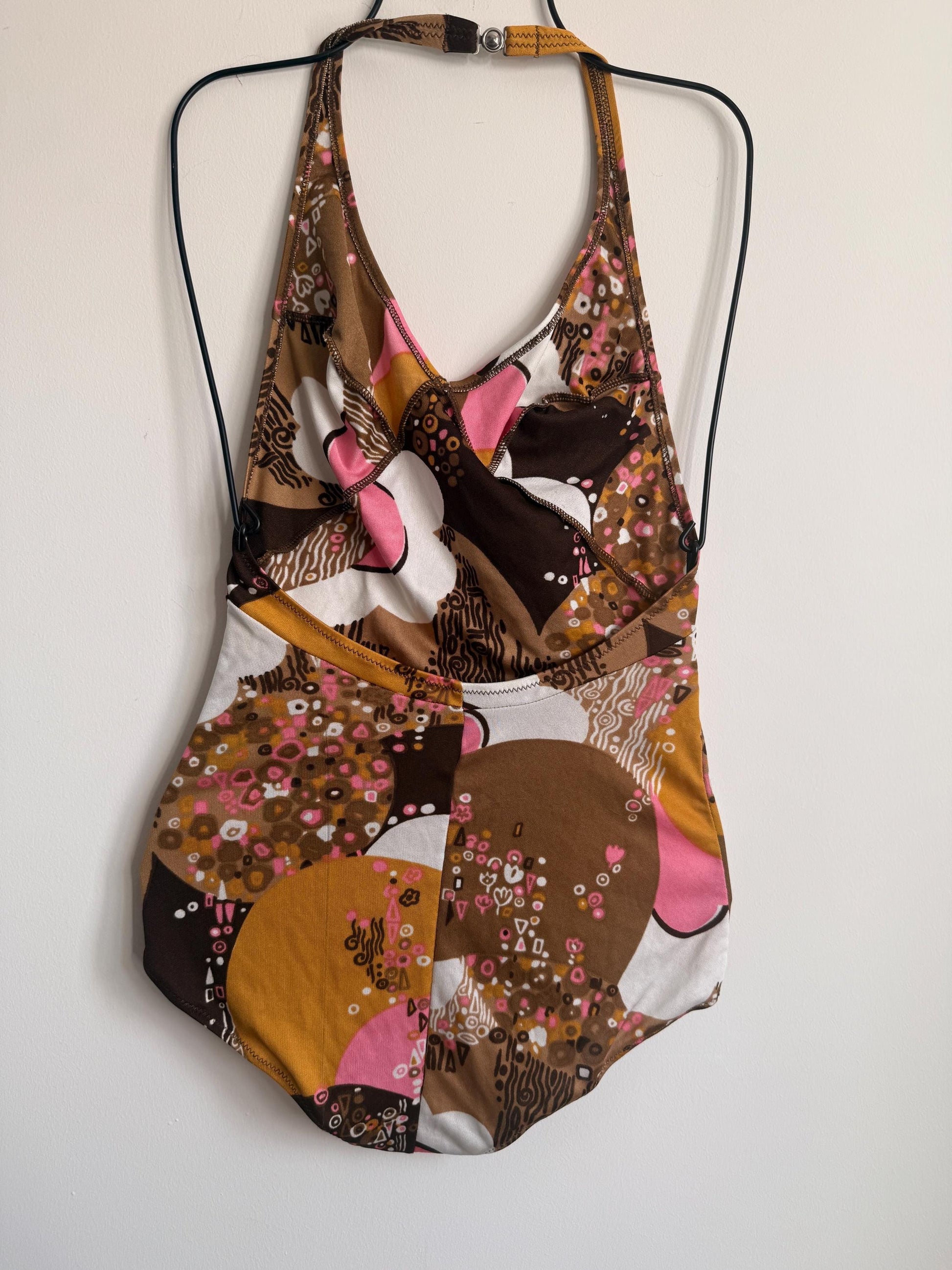 Vintage 1970s Mod Floral Halterneck Swimsuit | Retro One Piece | UK 8-10