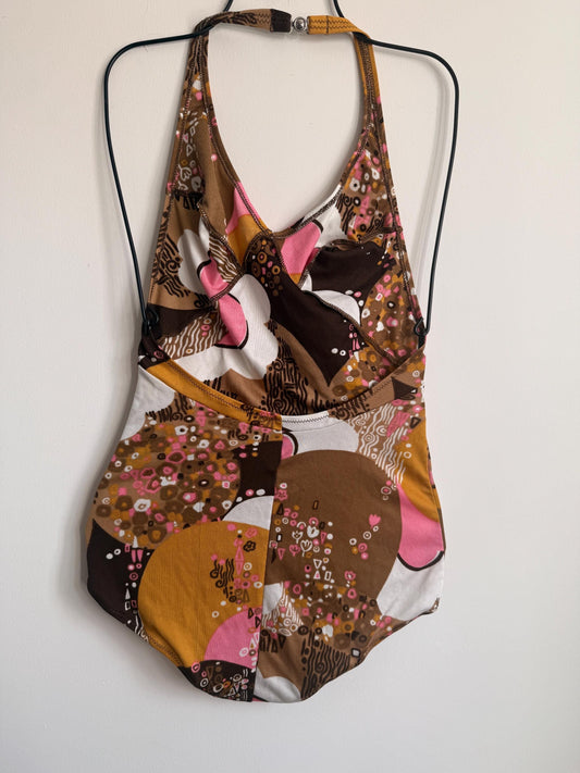 Vintage 1970s Mod Floral Halterneck Swimsuit | Retro One Piece | UK 8-10