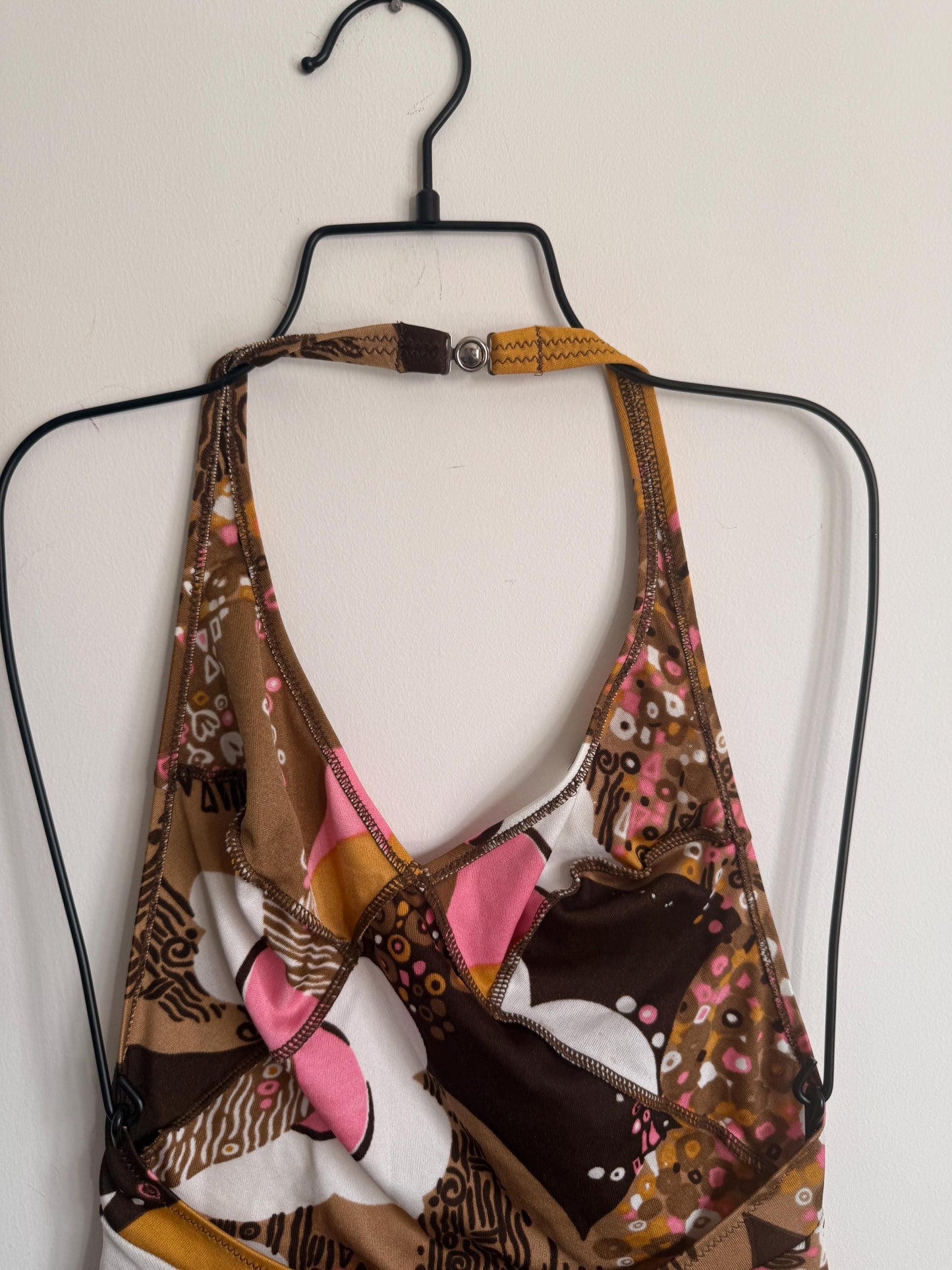 Vintage 1970s Mod Floral Halterneck Swimsuit | Retro One Piece | UK 8-10