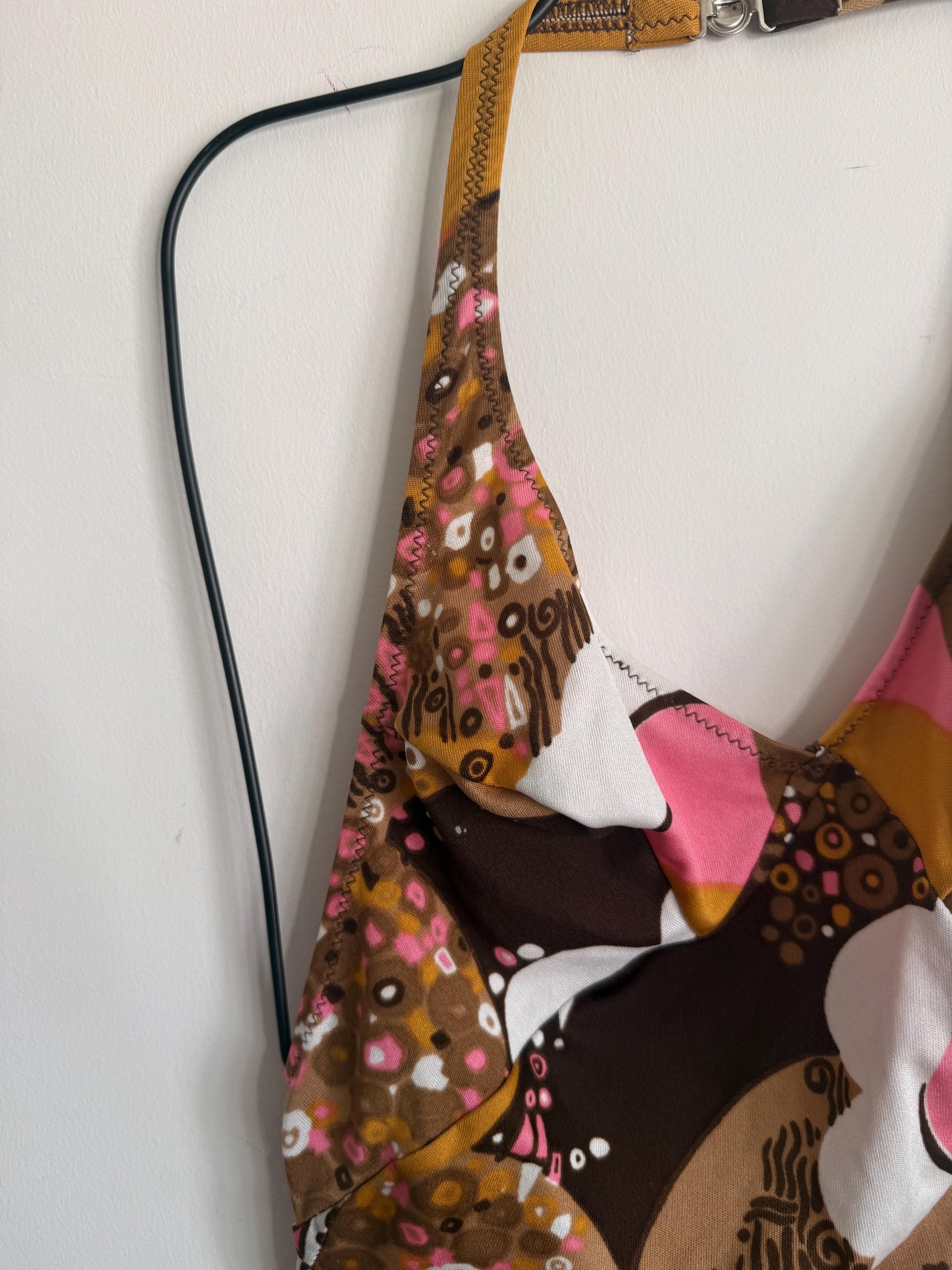 Vintage 1970s Mod Floral Halterneck Swimsuit | Retro One Piece | UK 8-10