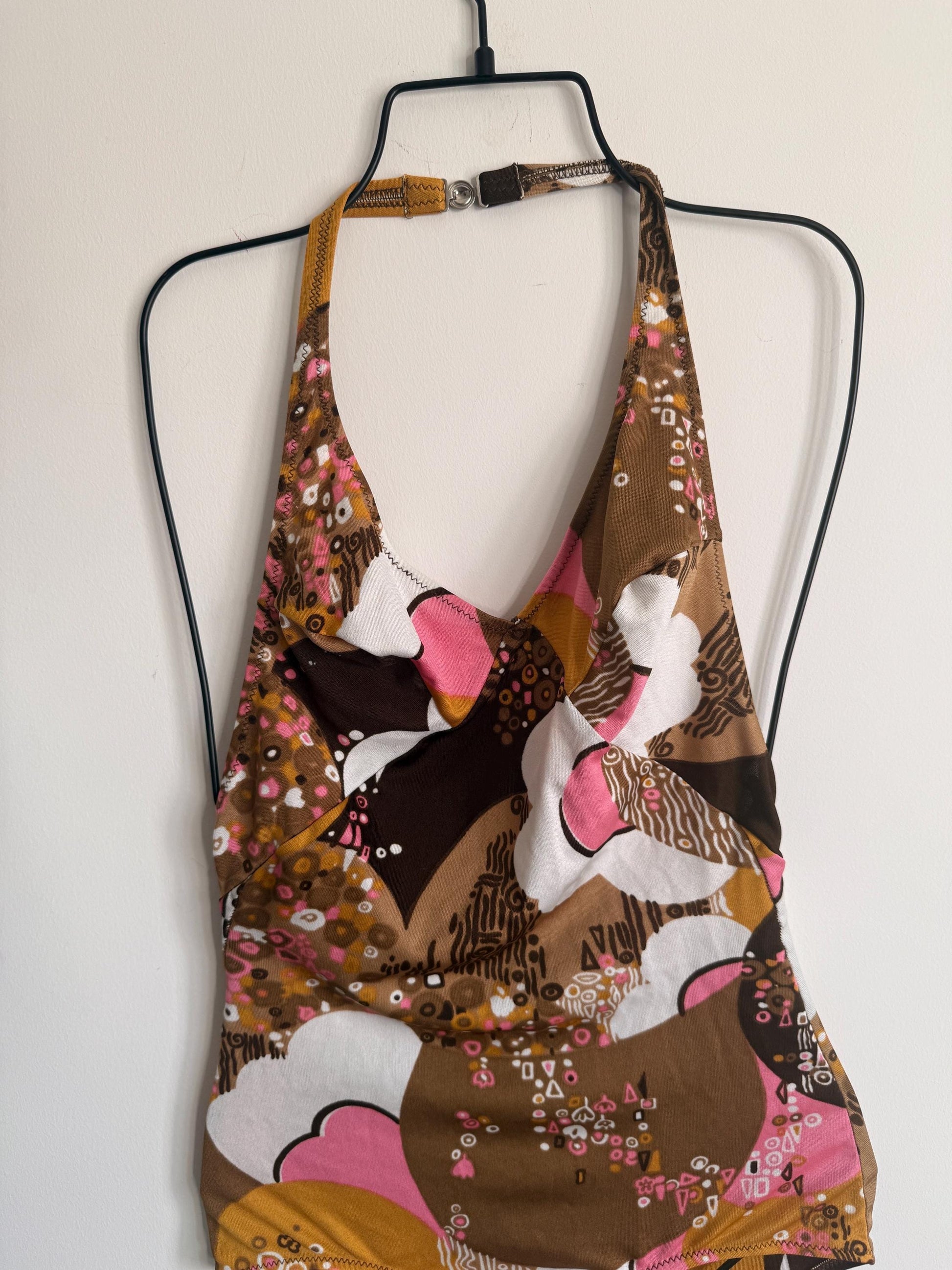 Vintage 1970s Mod Floral Halterneck Swimsuit | Retro One Piece | UK 8-10