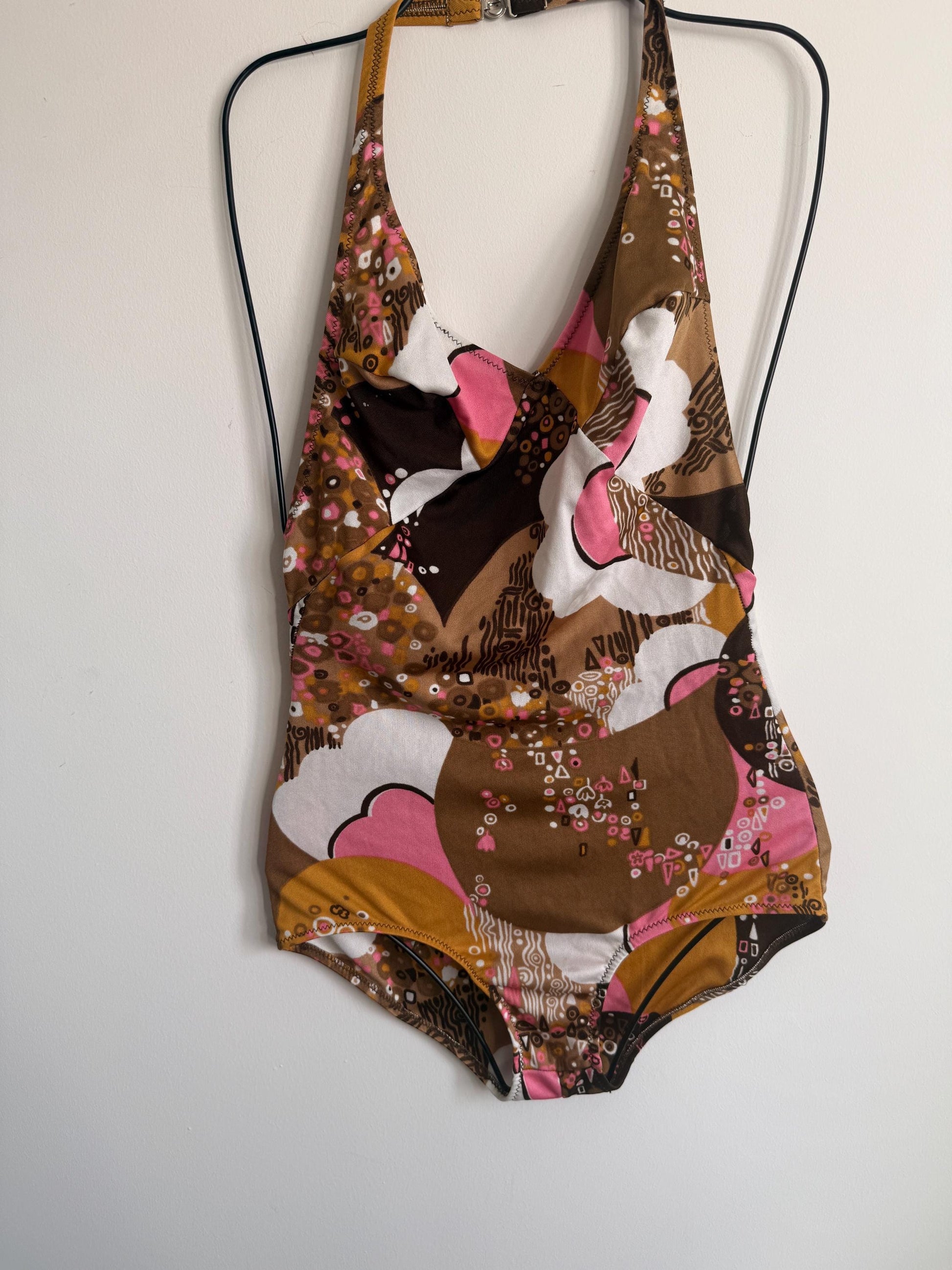 Vintage 1970s Mod Floral Halterneck Swimsuit | Retro One Piece | UK 8-10