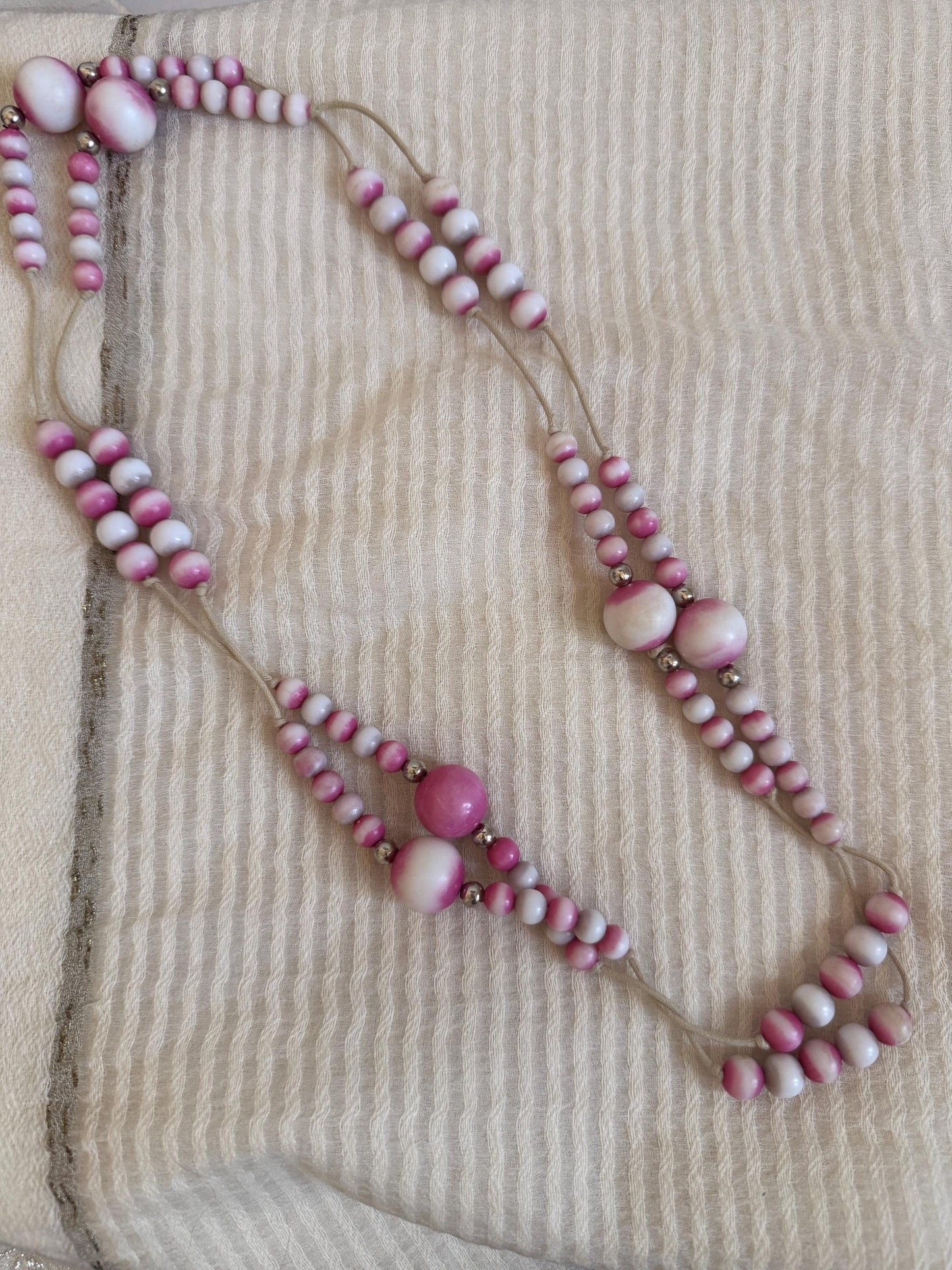 Vintage 1970s Pink and White Bead Necklace, Hand Tied Wooden Beads, Long Boho Sautoir, 27 Inch Drop Statement Necklace