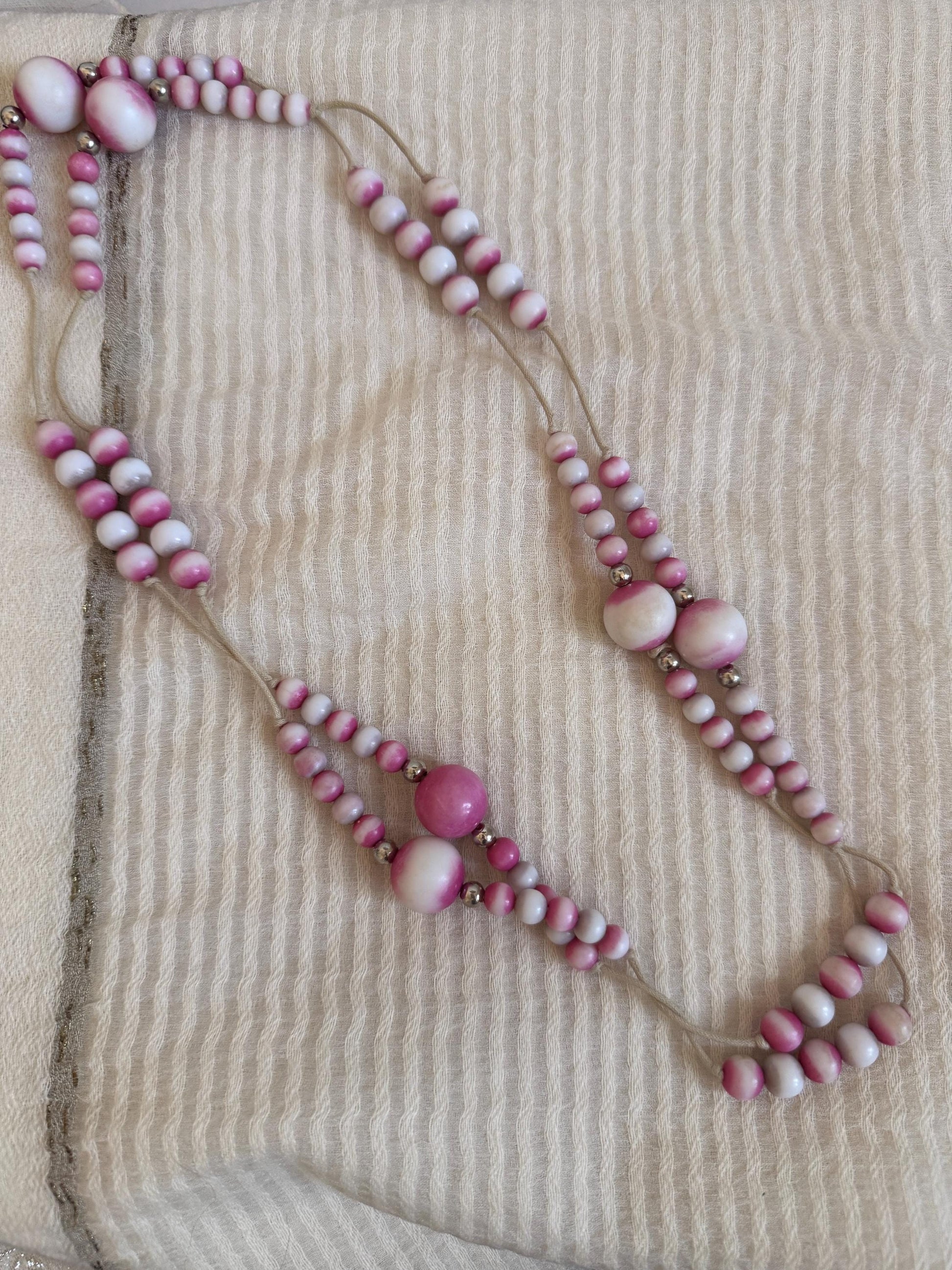 Vintage 1970s Pink and White Bead Necklace, Hand Tied Wooden Beads, Long Boho Sautoir, 27 Inch Drop Statement Necklace