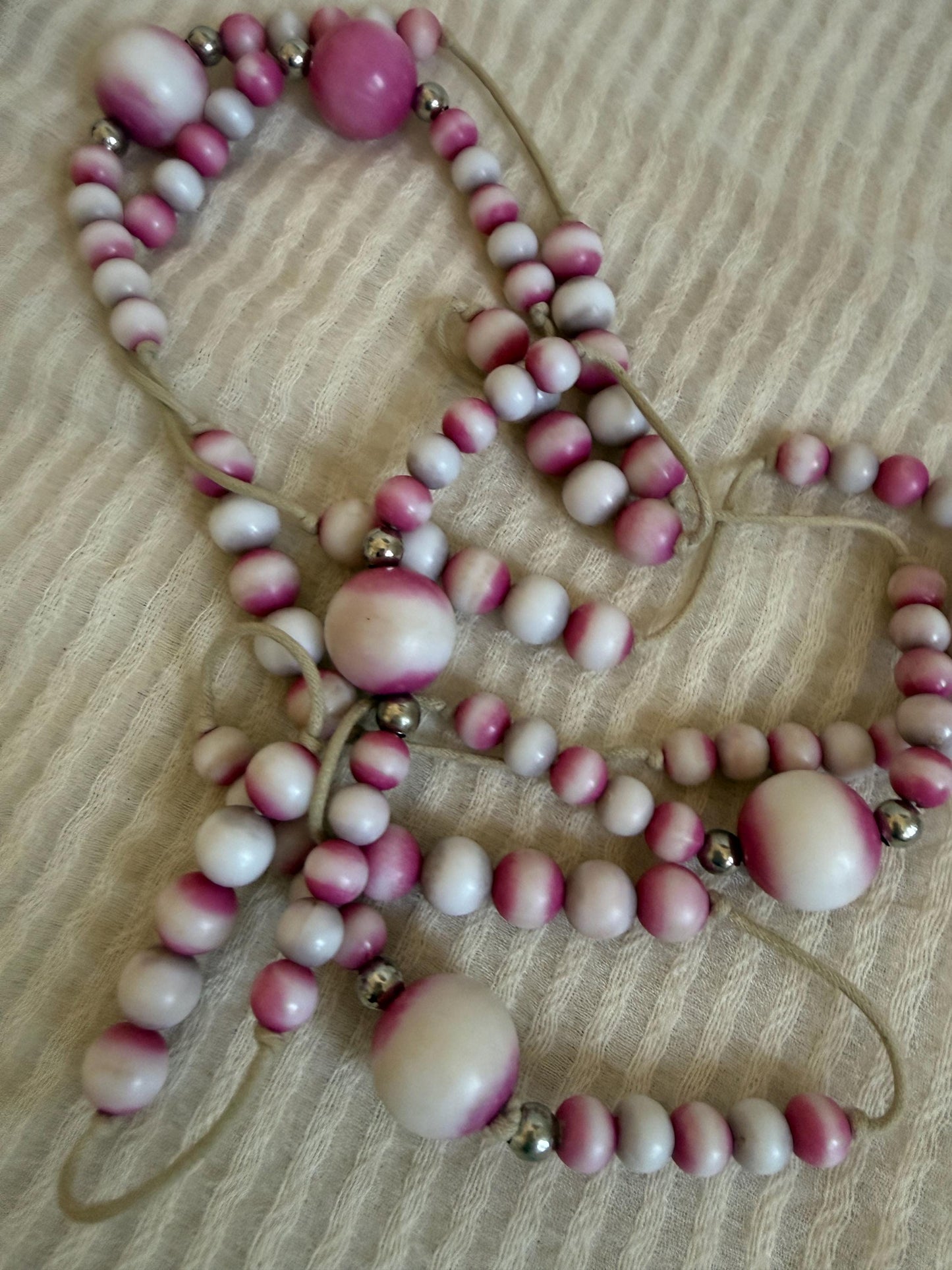 Vintage 1970s Pink and White Bead Necklace, Hand Tied Wooden Beads, Long Boho Sautoir, 27 Inch Drop Statement Necklace