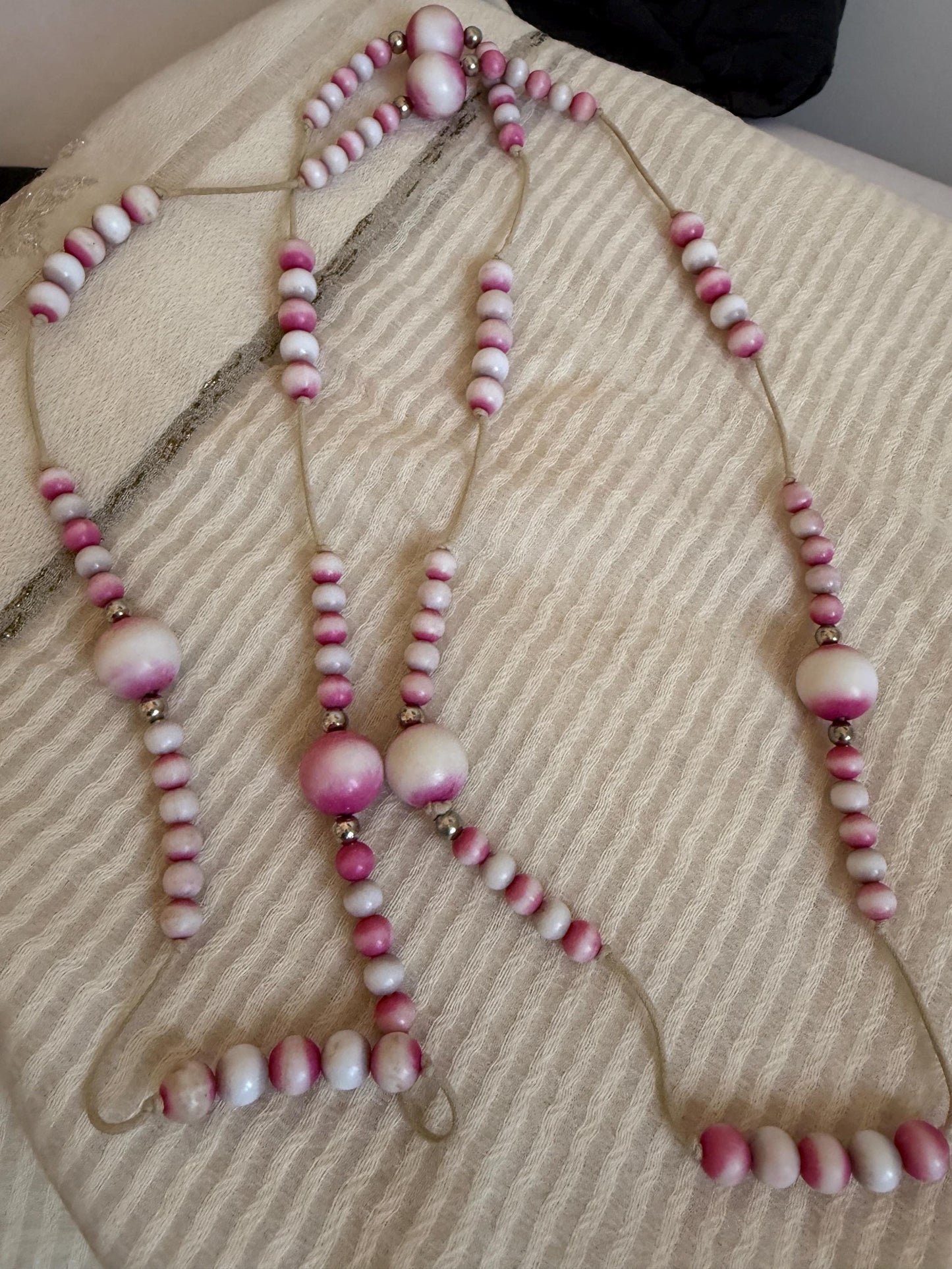 Vintage 1970s Pink and White Bead Necklace, Hand Tied Wooden Beads, Long Boho Sautoir, 27 Inch Drop Statement Necklace