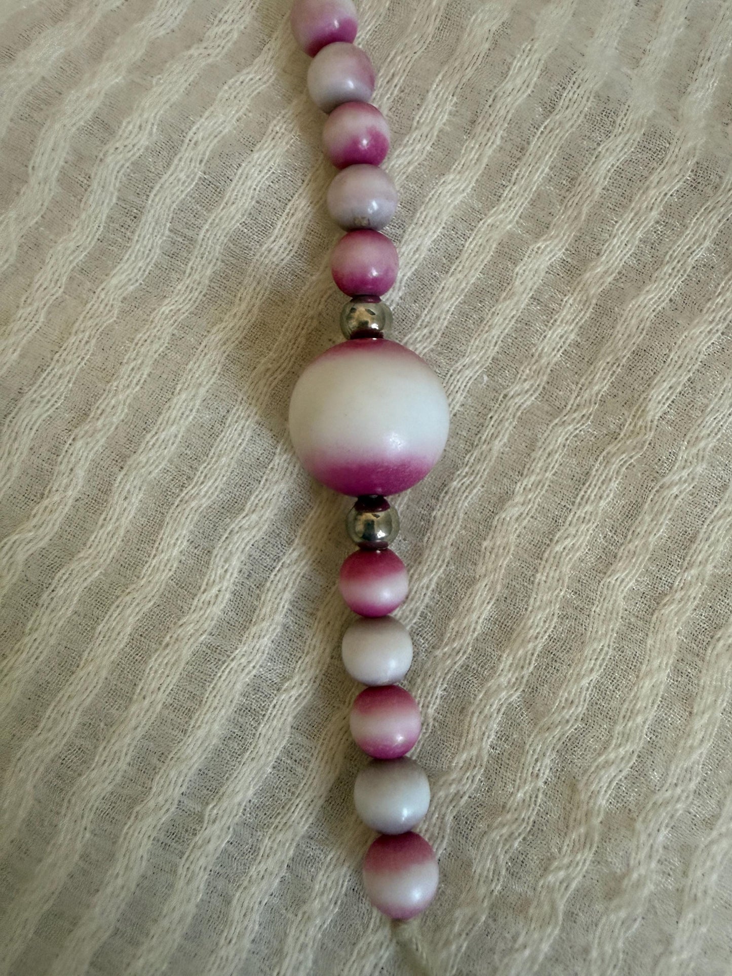 Vintage 1970s Pink and White Bead Necklace, Hand Tied Wooden Beads, Long Boho Sautoir, 27 Inch Drop Statement Necklace