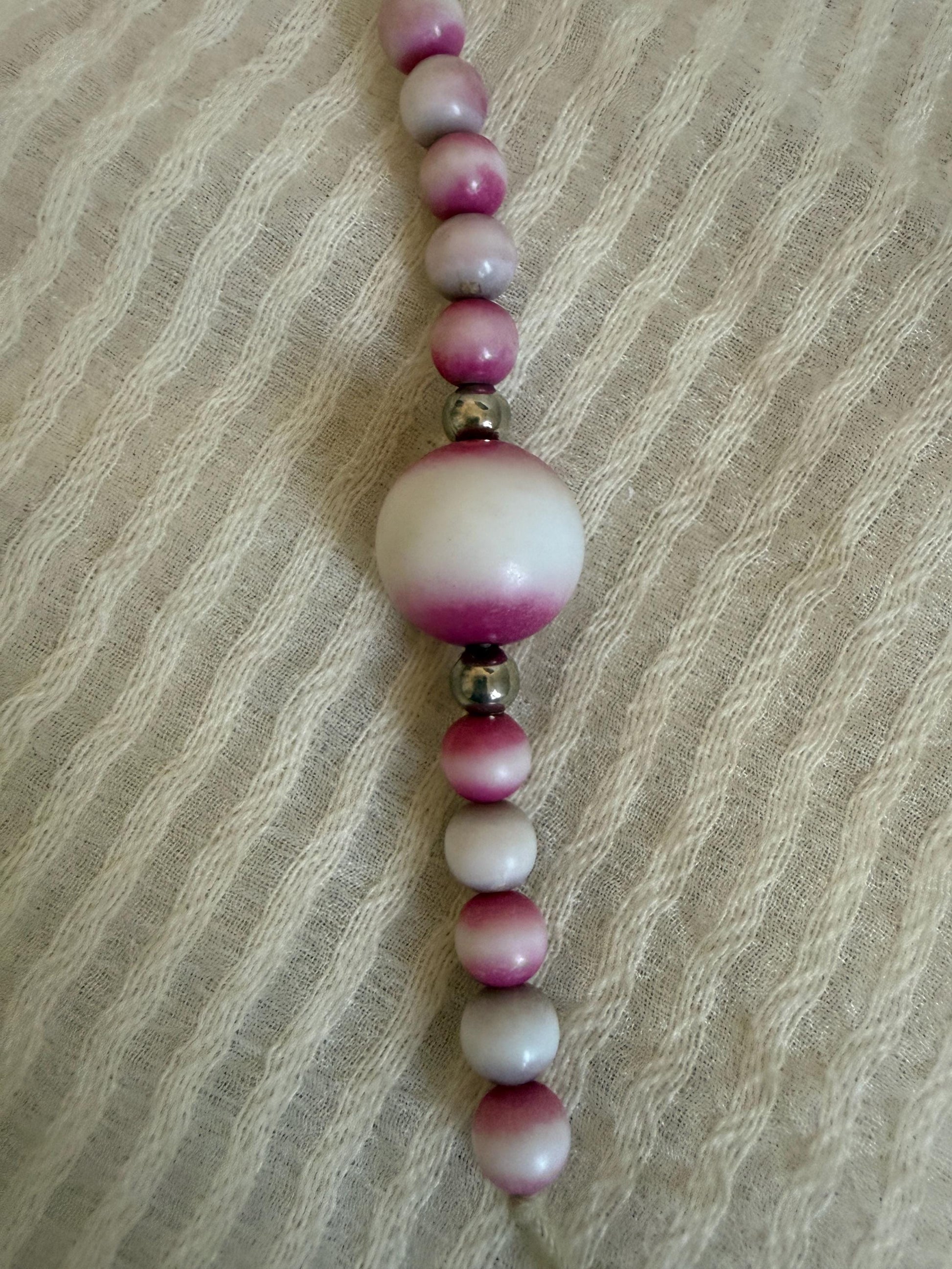 Vintage 1970s Pink and White Bead Necklace, Hand Tied Wooden Beads, Long Boho Sautoir, 27 Inch Drop Statement Necklace