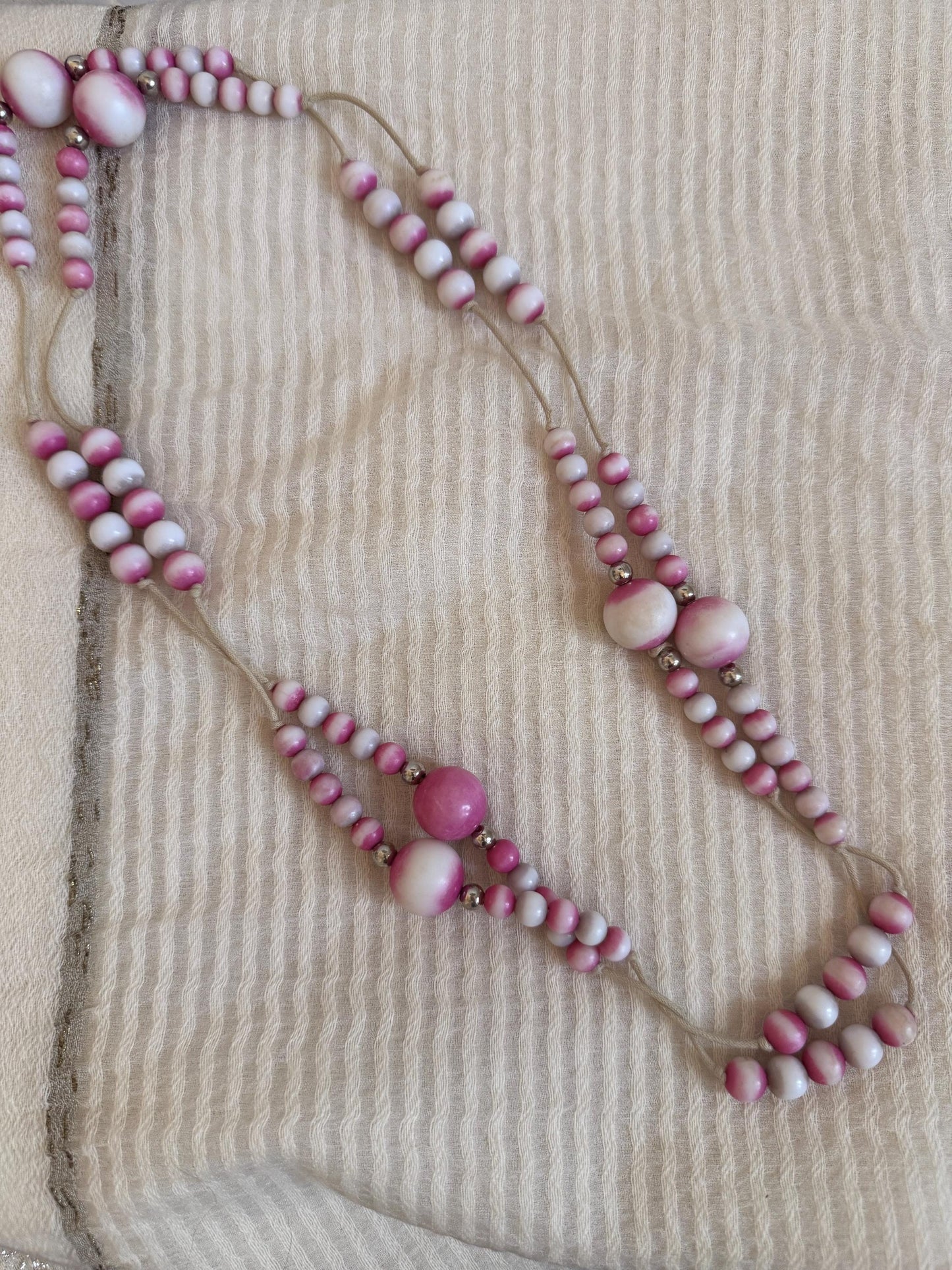 Vintage 1970s Pink and White Bead Necklace, Hand Tied Wooden Beads, Long Boho Sautoir, 27 Inch Drop Statement Necklace