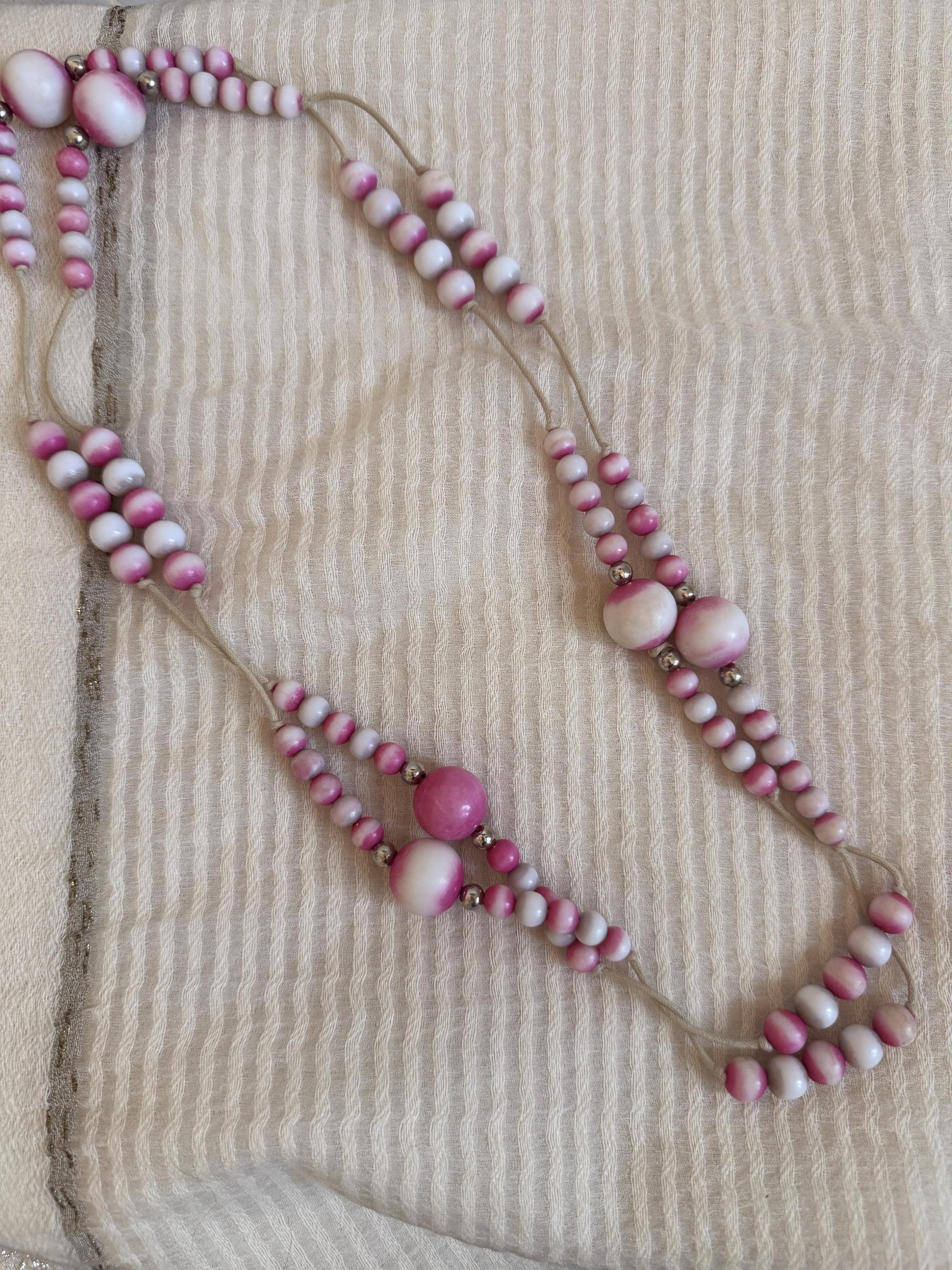 Vintage 1970s Pink and White Bead Necklace, Hand Tied Wooden Beads, Long Boho Sautoir, 27 Inch Drop Statement Necklace