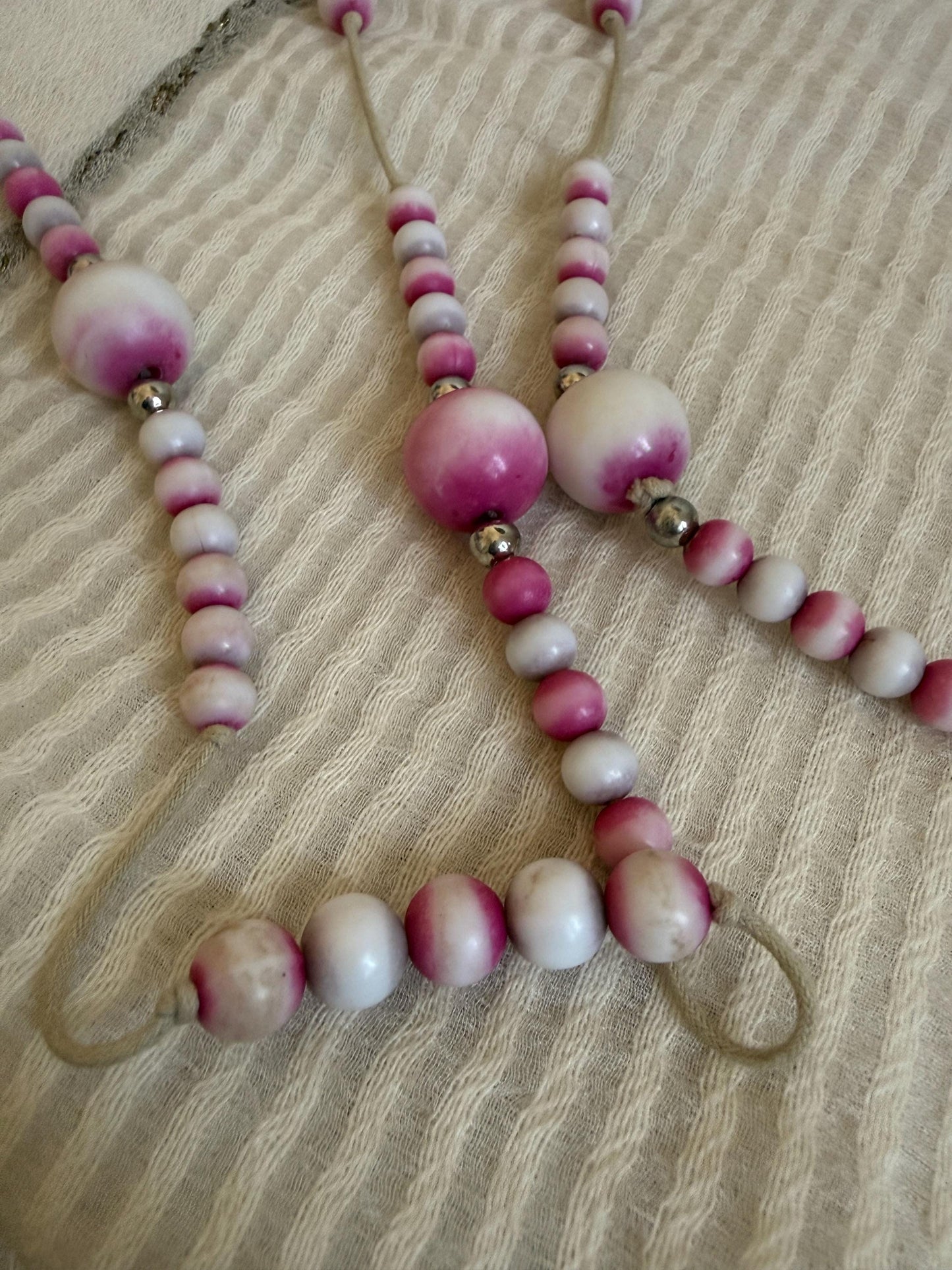 Vintage 1970s Pink and White Bead Necklace, Hand Tied Wooden Beads, Long Boho Sautoir, 27 Inch Drop Statement Necklace