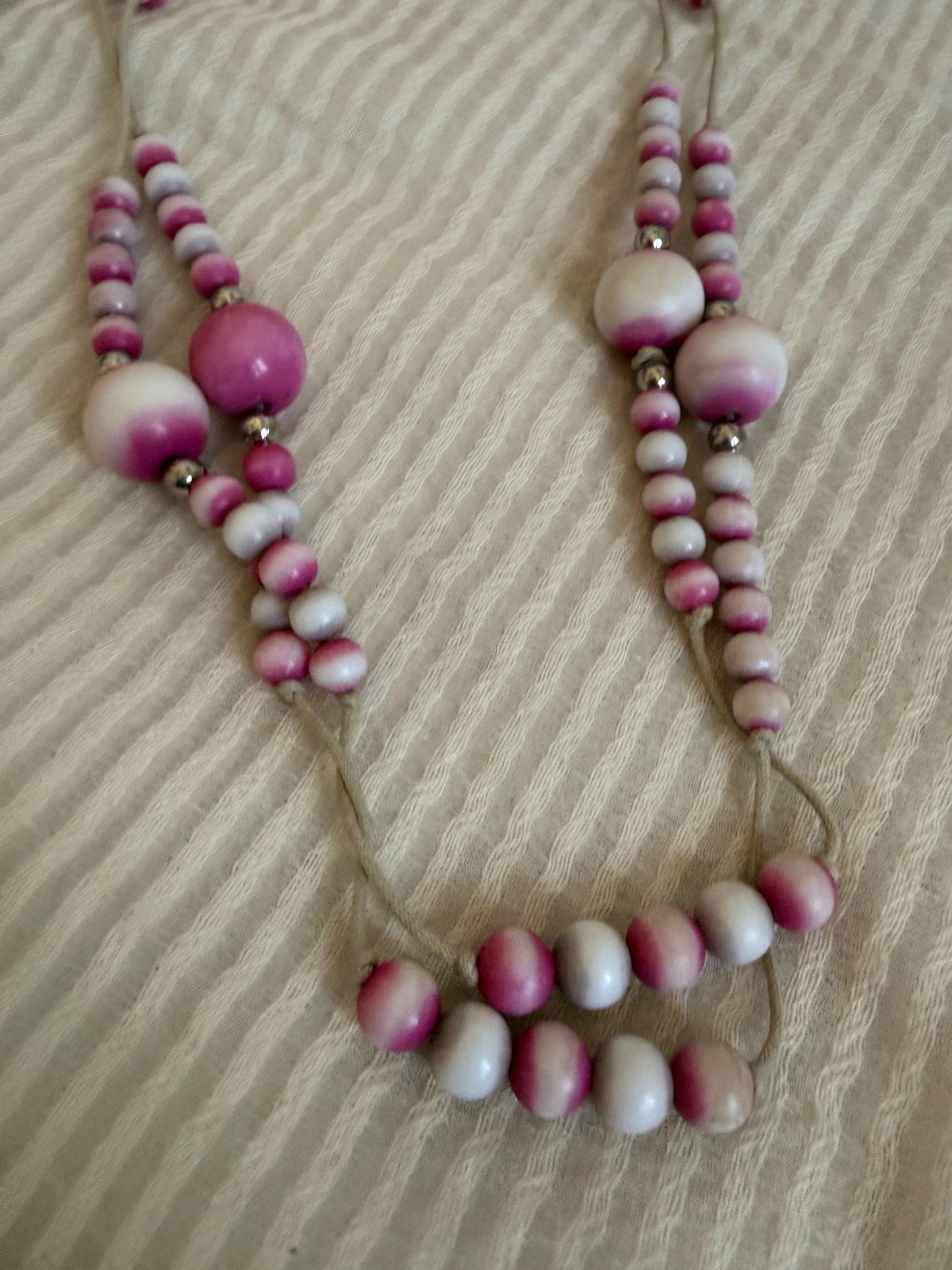 Vintage 1970s Pink and White Bead Necklace, Hand Tied Wooden Beads, Long Boho Sautoir, 27 Inch Drop Statement Necklace