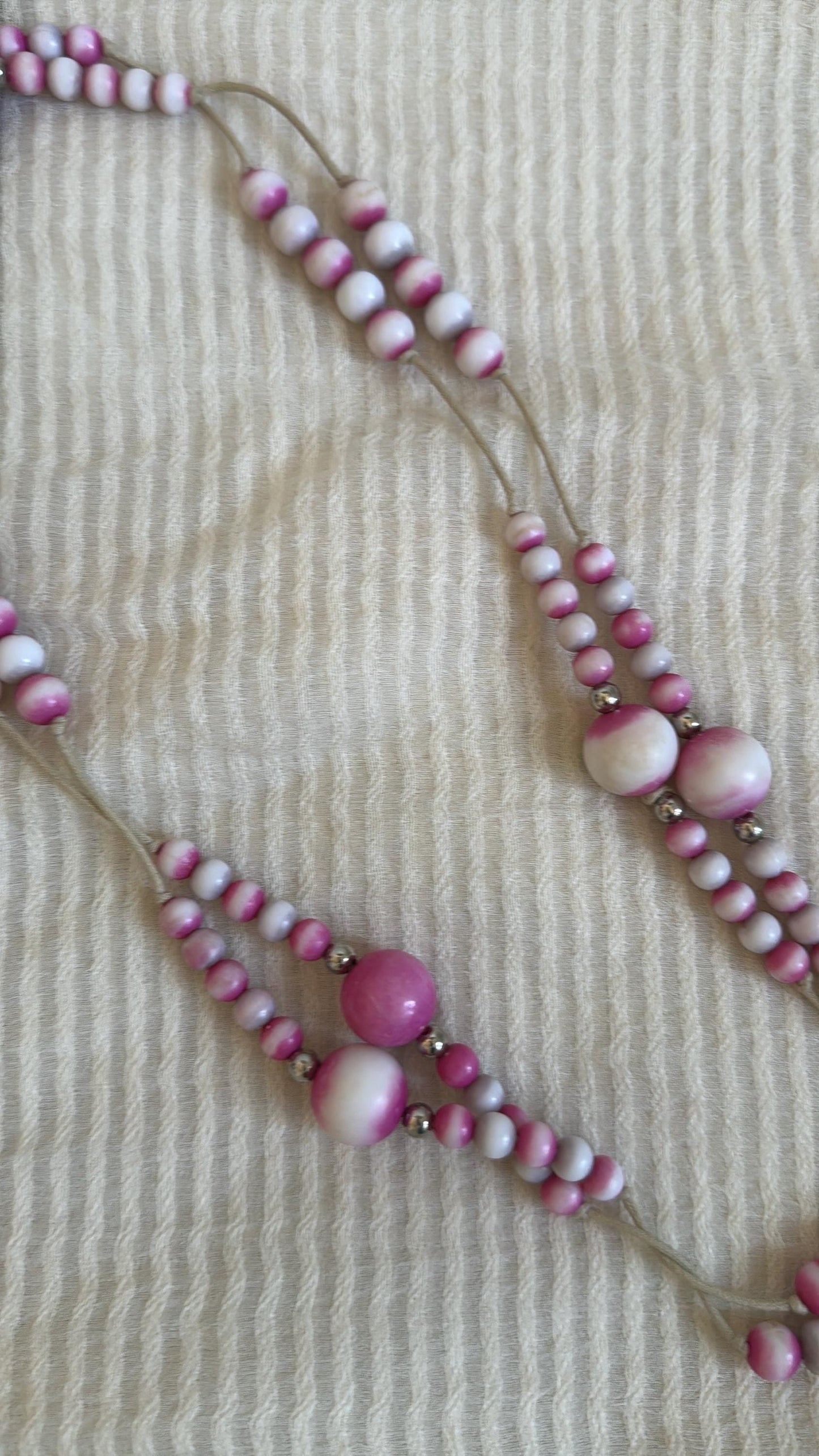 Vintage 1970s Pink and White Bead Necklace, Hand Tied Wooden Beads, Long Boho Sautoir, 27 Inch Drop Statement Necklace