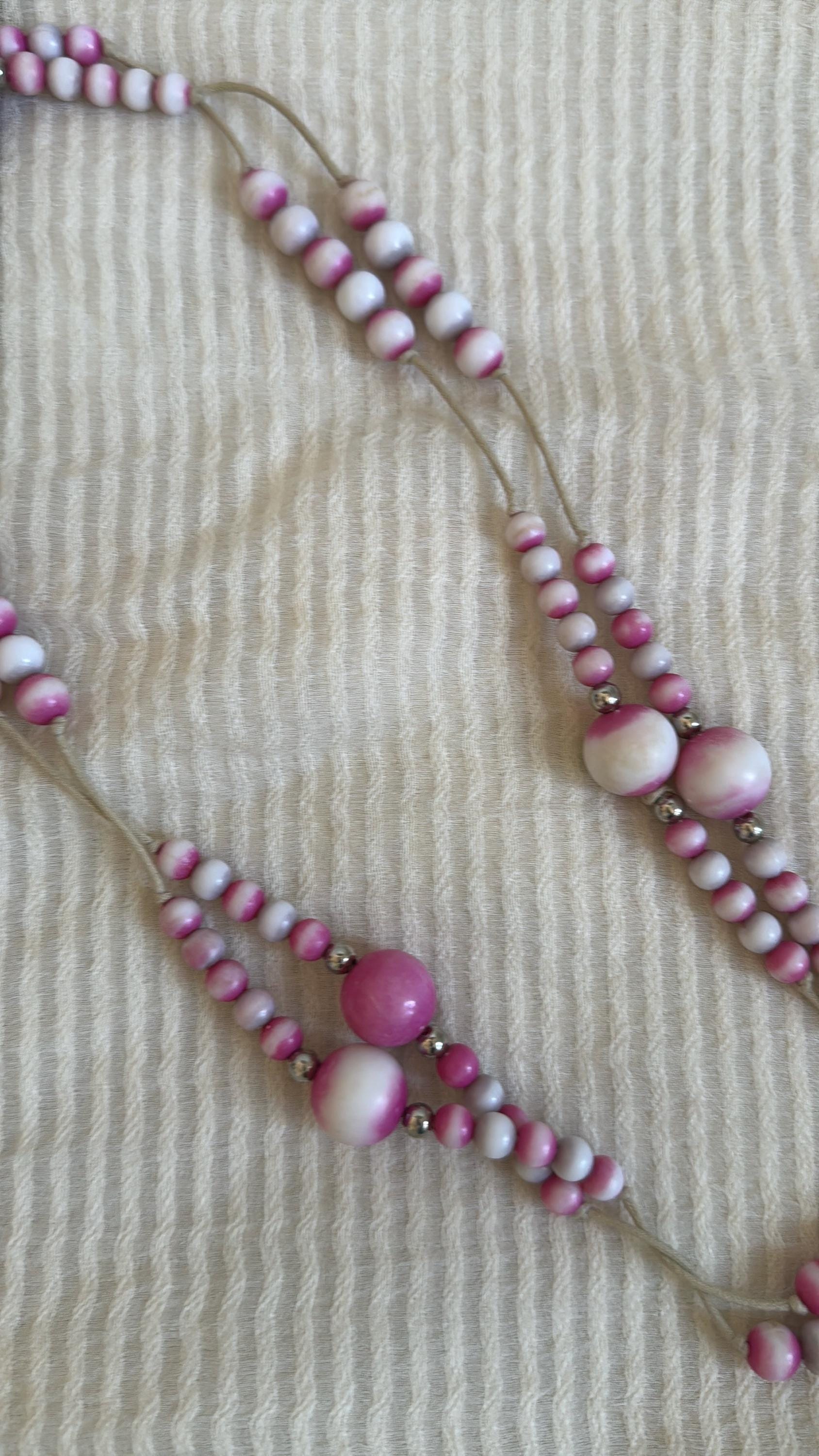 Vintage 1970s Pink and White Bead Necklace, Hand Tied Wooden Beads, Long Boho Sautoir, 27 Inch Drop Statement Necklace
