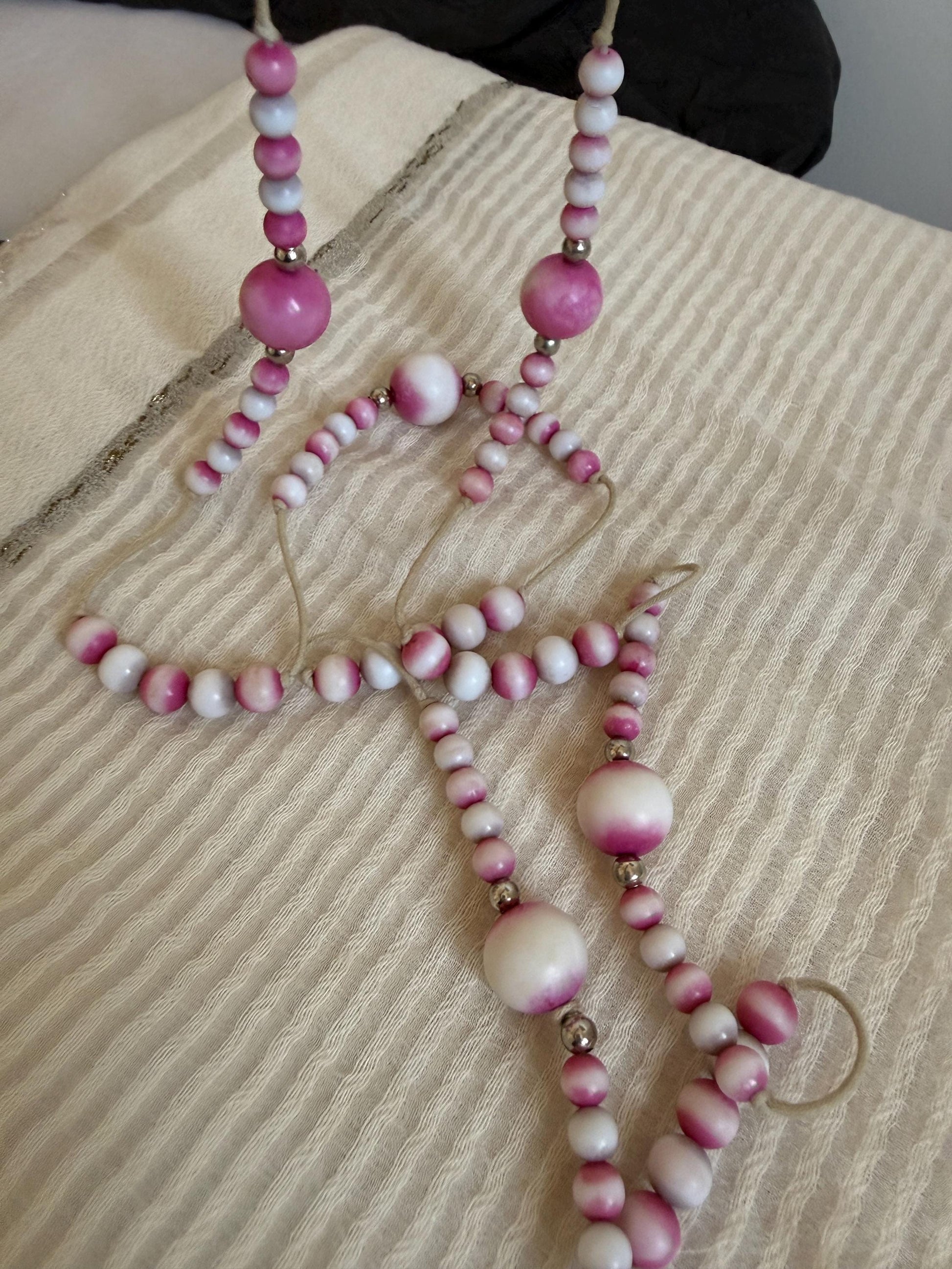 Vintage 1970s Pink and White Bead Necklace, Hand Tied Wooden Beads, Long Boho Sautoir, 27 Inch Drop Statement Necklace