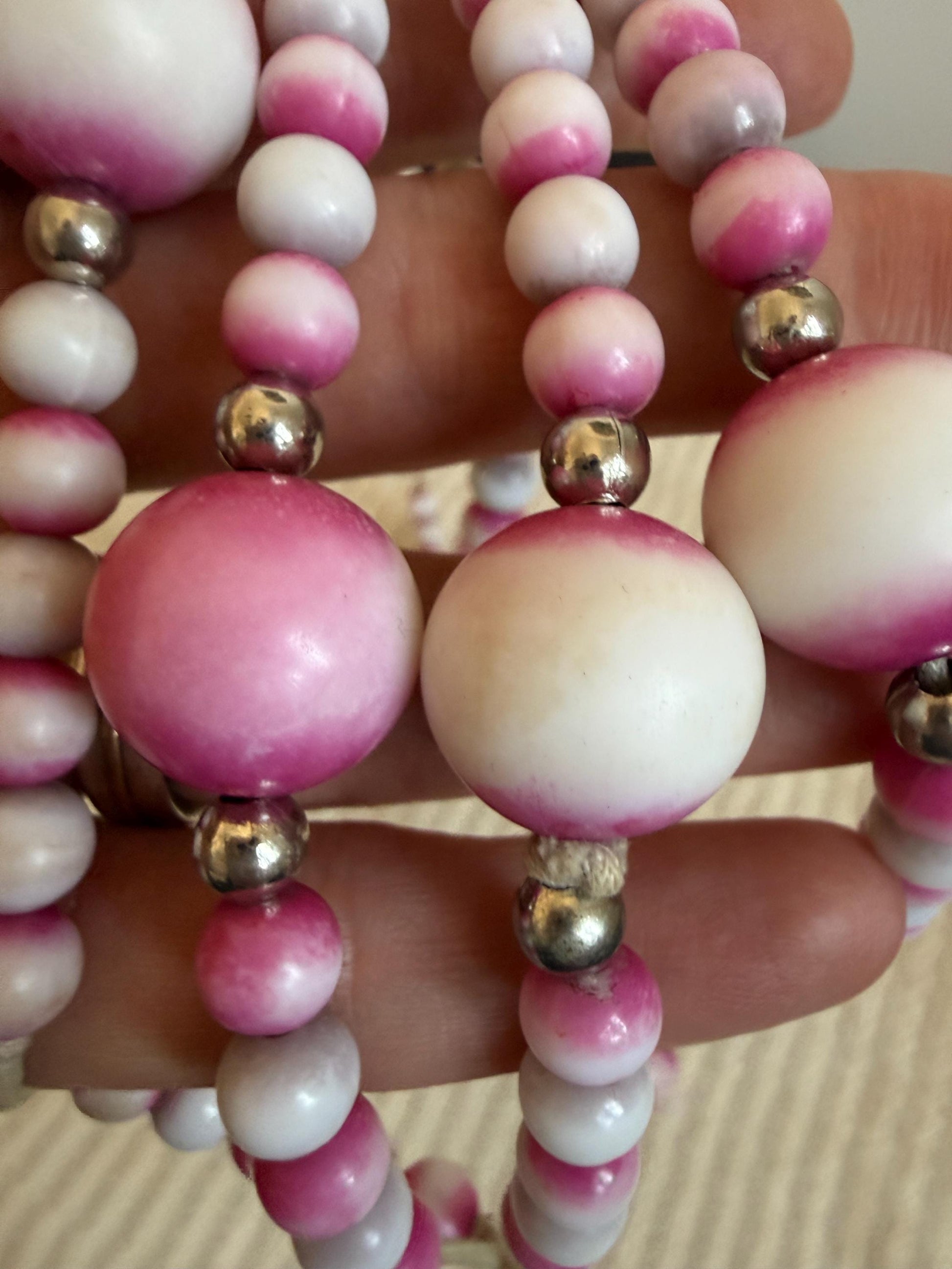 Vintage 1970s Pink and White Bead Necklace, Hand Tied Wooden Beads, Long Boho Sautoir, 27 Inch Drop Statement Necklace