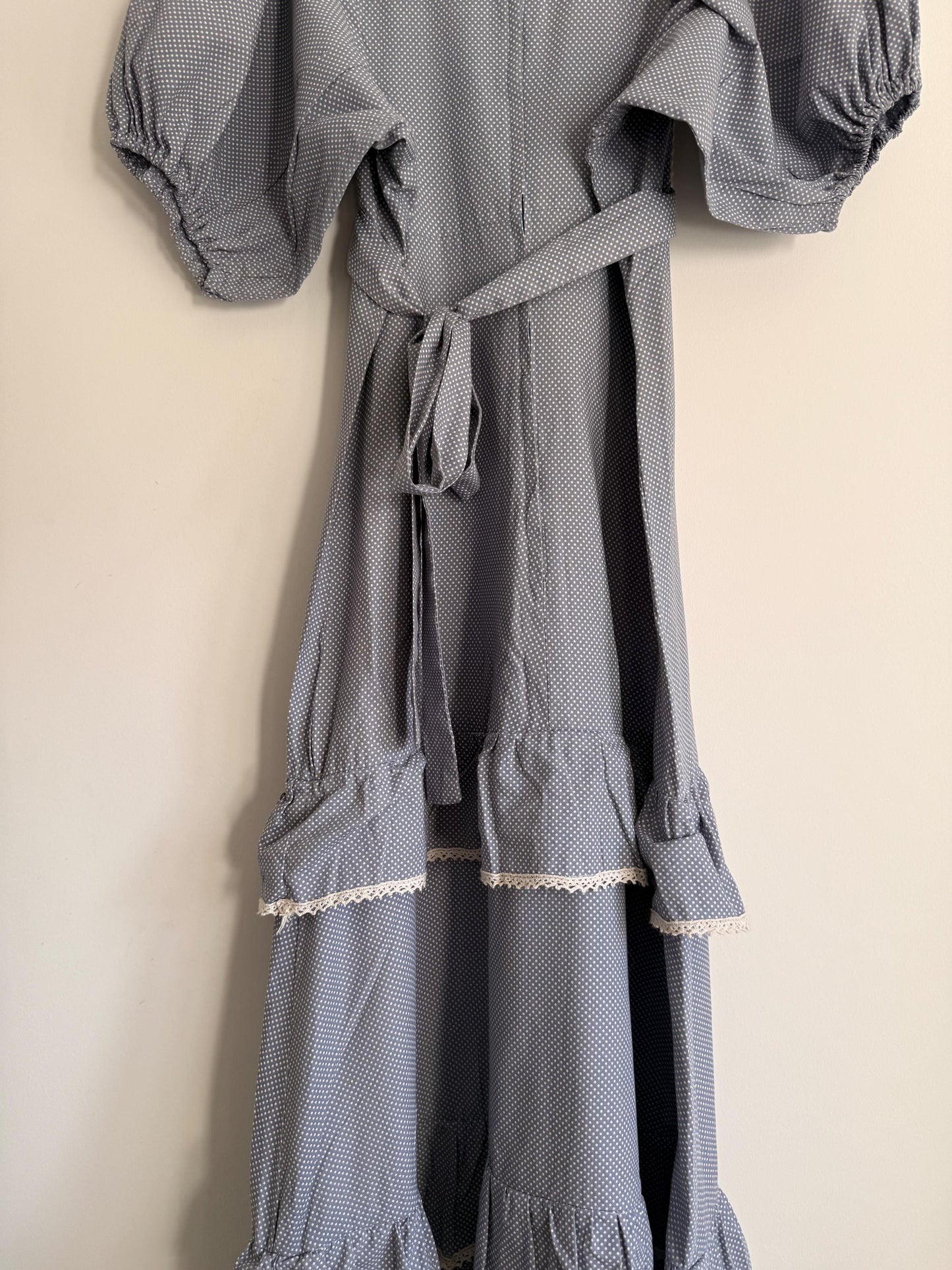 Vintage 1970s Prairie Maxi Dress Blue Polka Dot Lace Trim Puff Sleeve Cottagecore Gunne Sax Style Romantic Boho Festival Dress UK