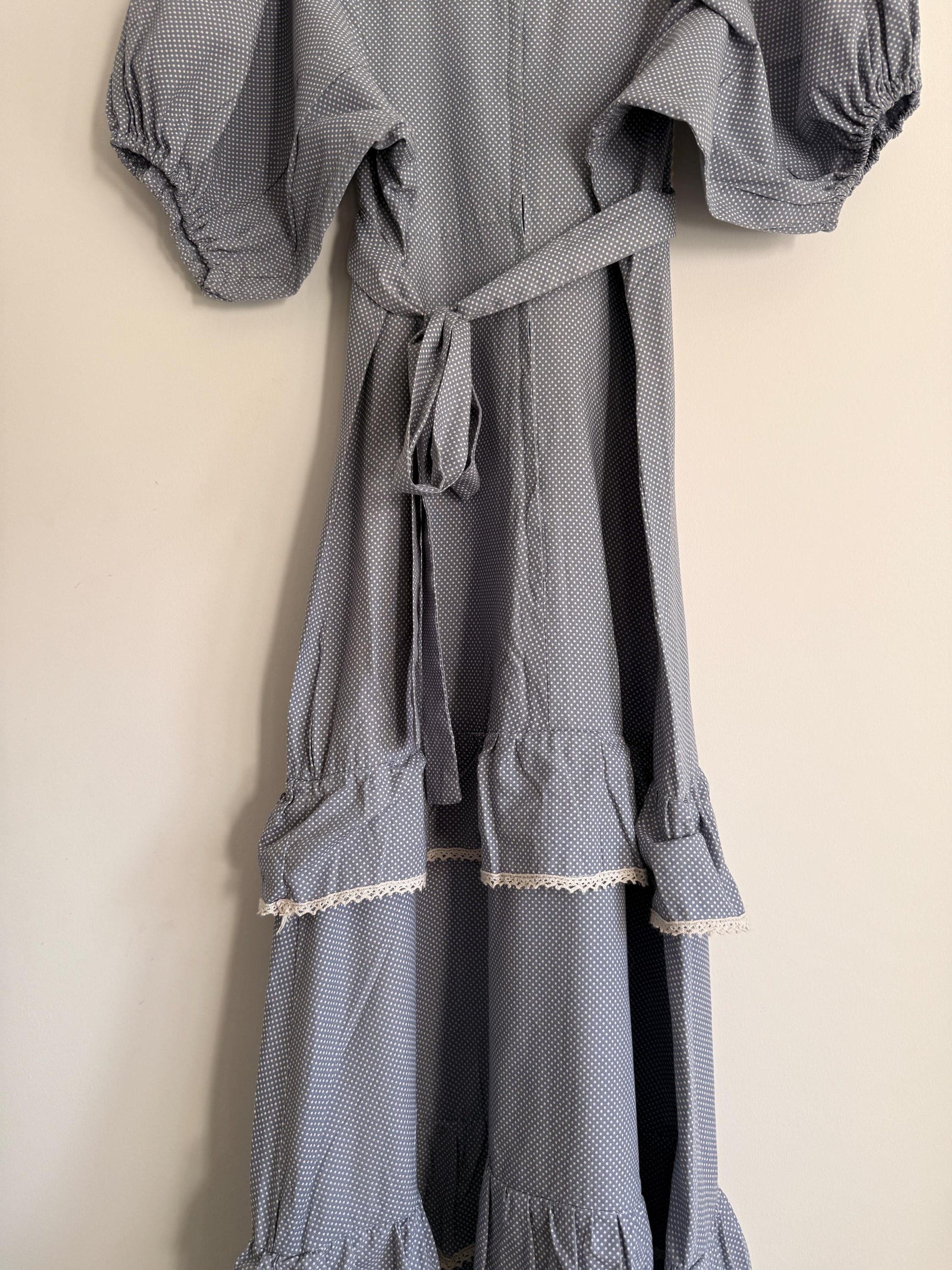 Vintage 1970s Prairie Maxi Dress Blue Polka Dot Lace Trim Puff Sleeve Cottagecore Gunne Sax Style Romantic Boho Festival Dress UK
