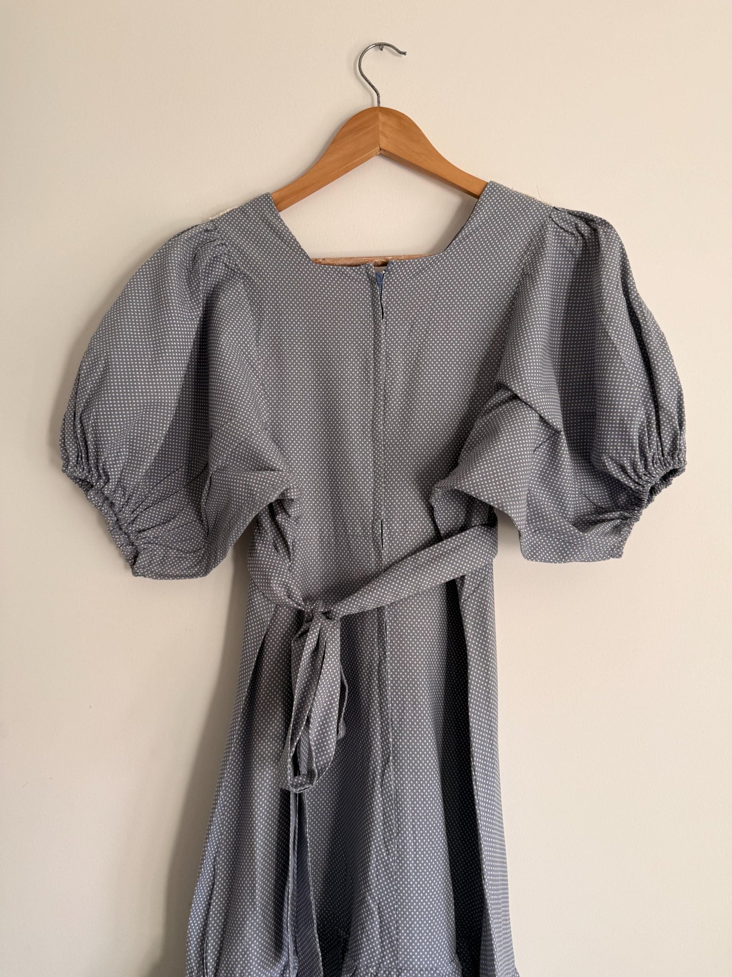 Vintage 1970s Prairie Maxi Dress Blue Polka Dot Lace Trim Puff Sleeve Cottagecore Gunne Sax Style Romantic Boho Festival Dress UK