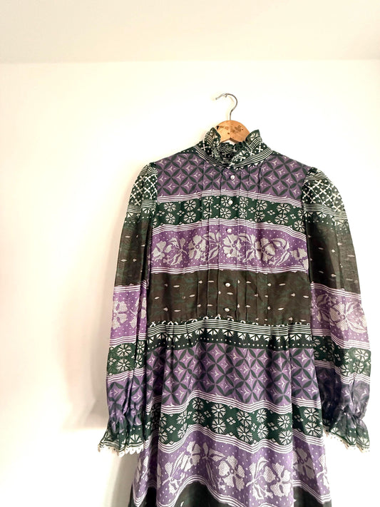 Vintage 1970s Purple and Green Prairie Maxi Dress – Floral Geometric Print, Ruffle Neck