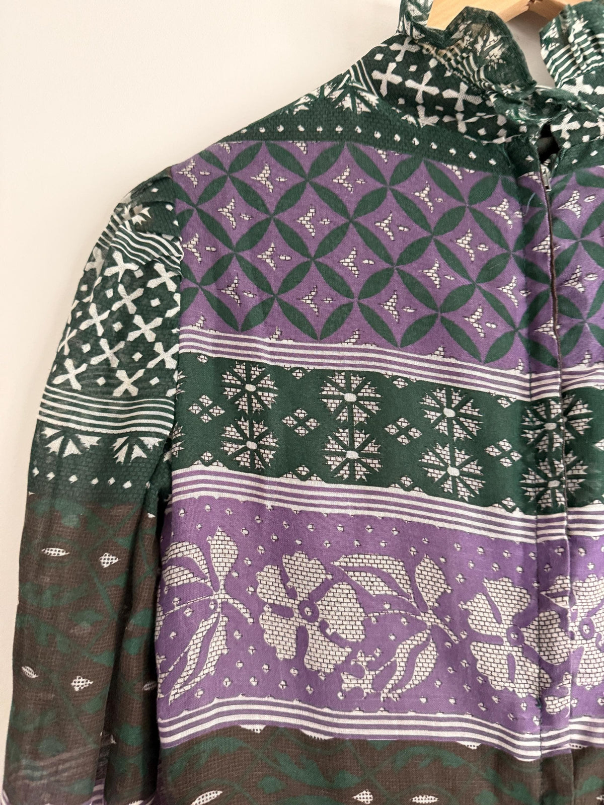 Vintage 1970s Purple and Green Prairie Maxi Dress – Floral Geometric Print, Ruffle Neck