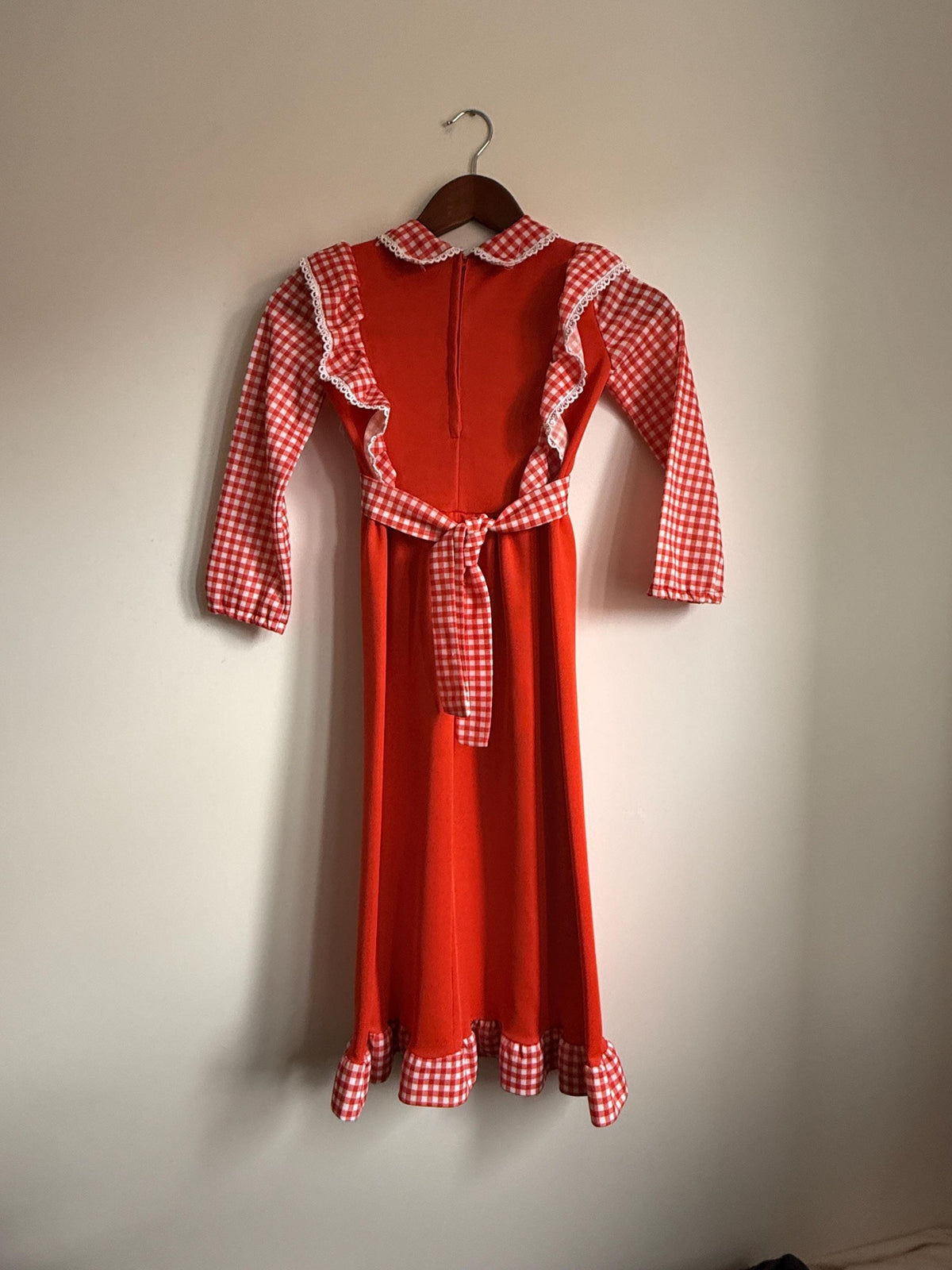 Vintage 1970s Girls Red Gingham Prairie Maxi Dress | Ruffle Children's Folk Dress - St Bernard Made in England Age 8
