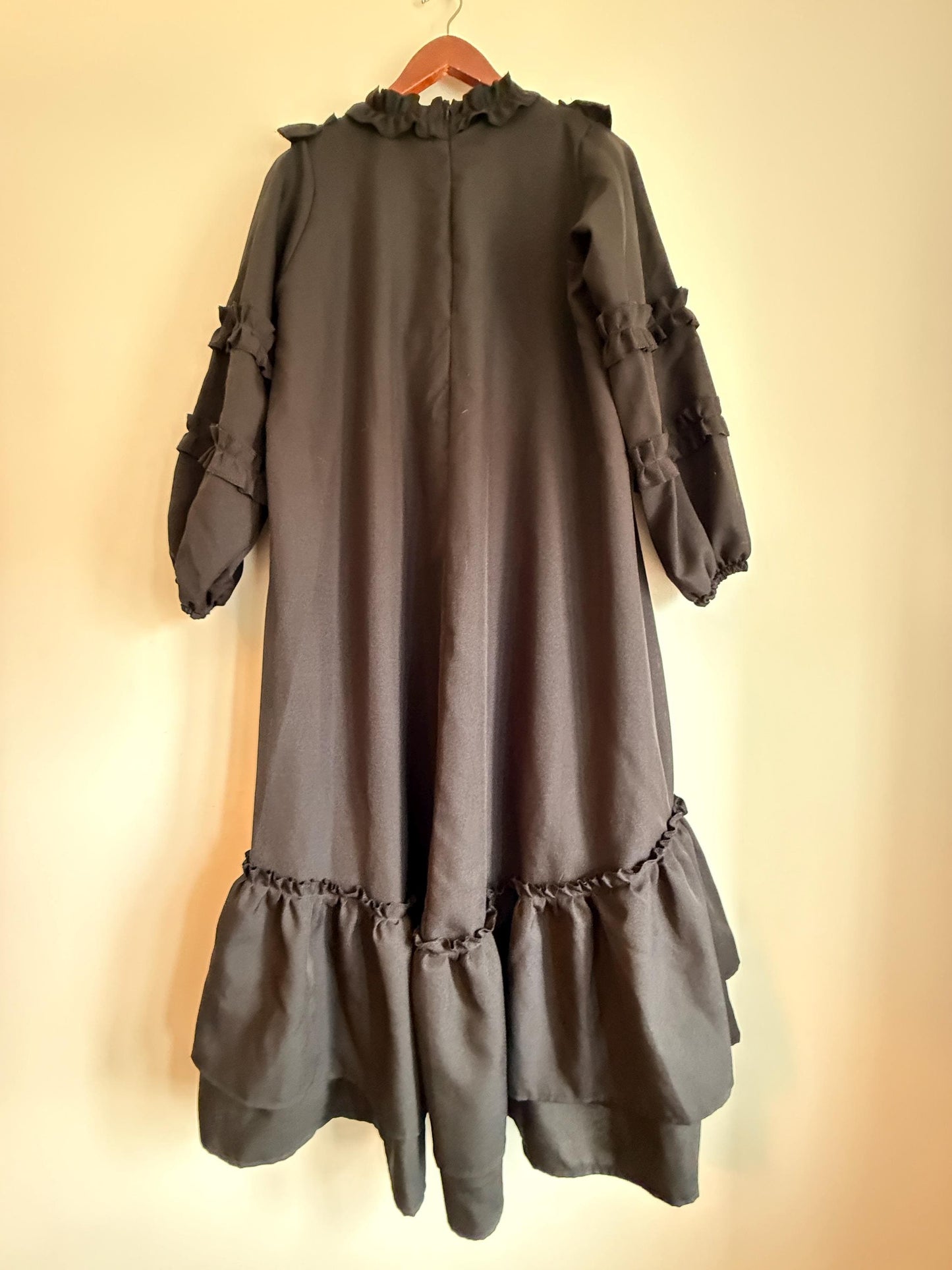 Vintage 1970s Siskou Woman Black Ruffle Maxi Dress | Portuguese Prairie Gothic Dress UK18-20