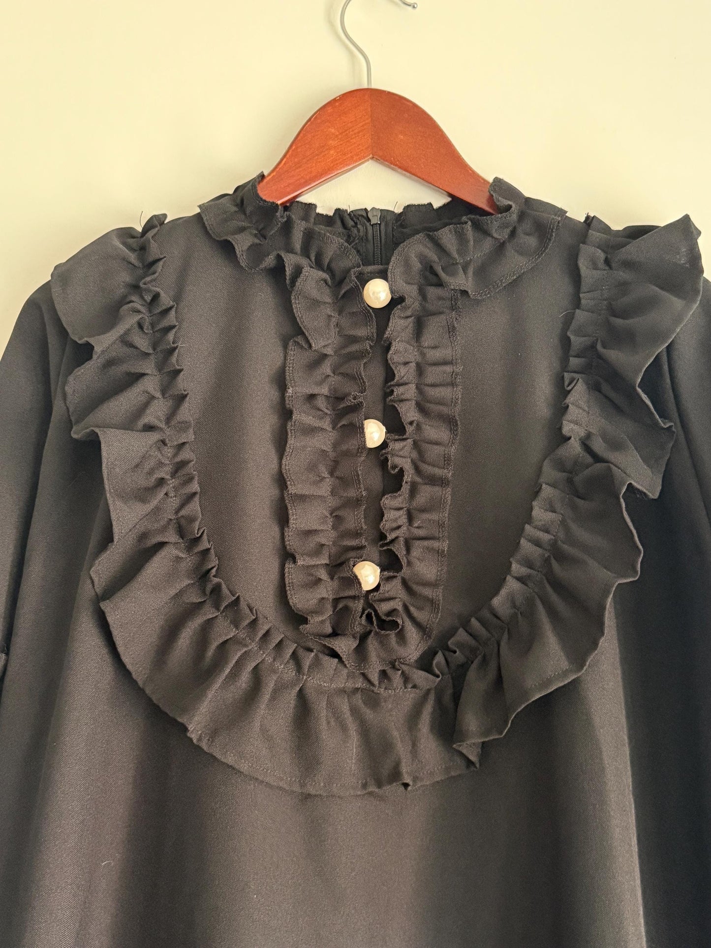 Vintage 1970s Siskou Woman Black Ruffle Maxi Dress | Portuguese Prairie Gothic Dress UK18-20