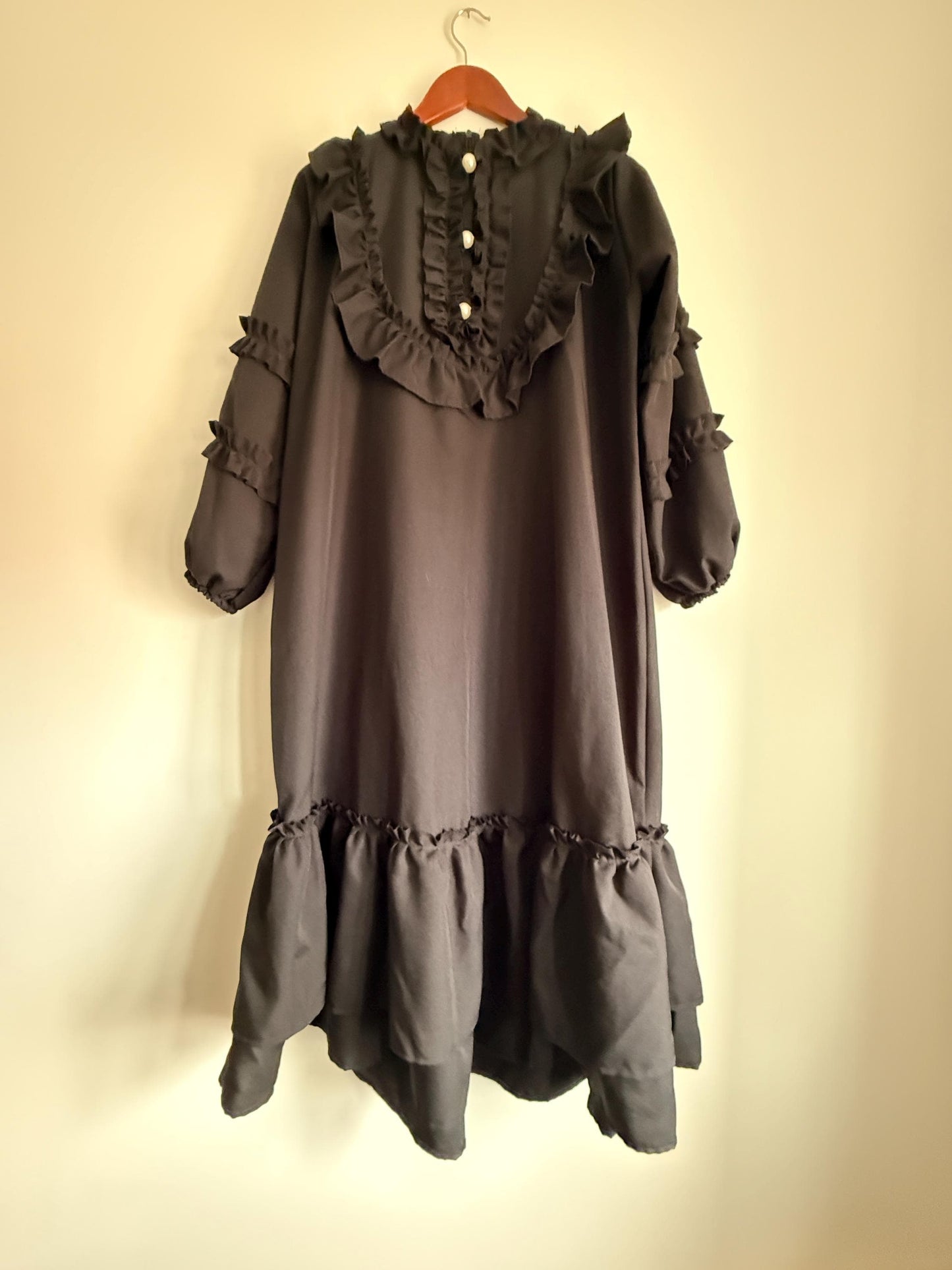 Vintage 1970s Siskou Woman Black Ruffle Maxi Dress | Portuguese Prairie Gothic Dress UK18-20