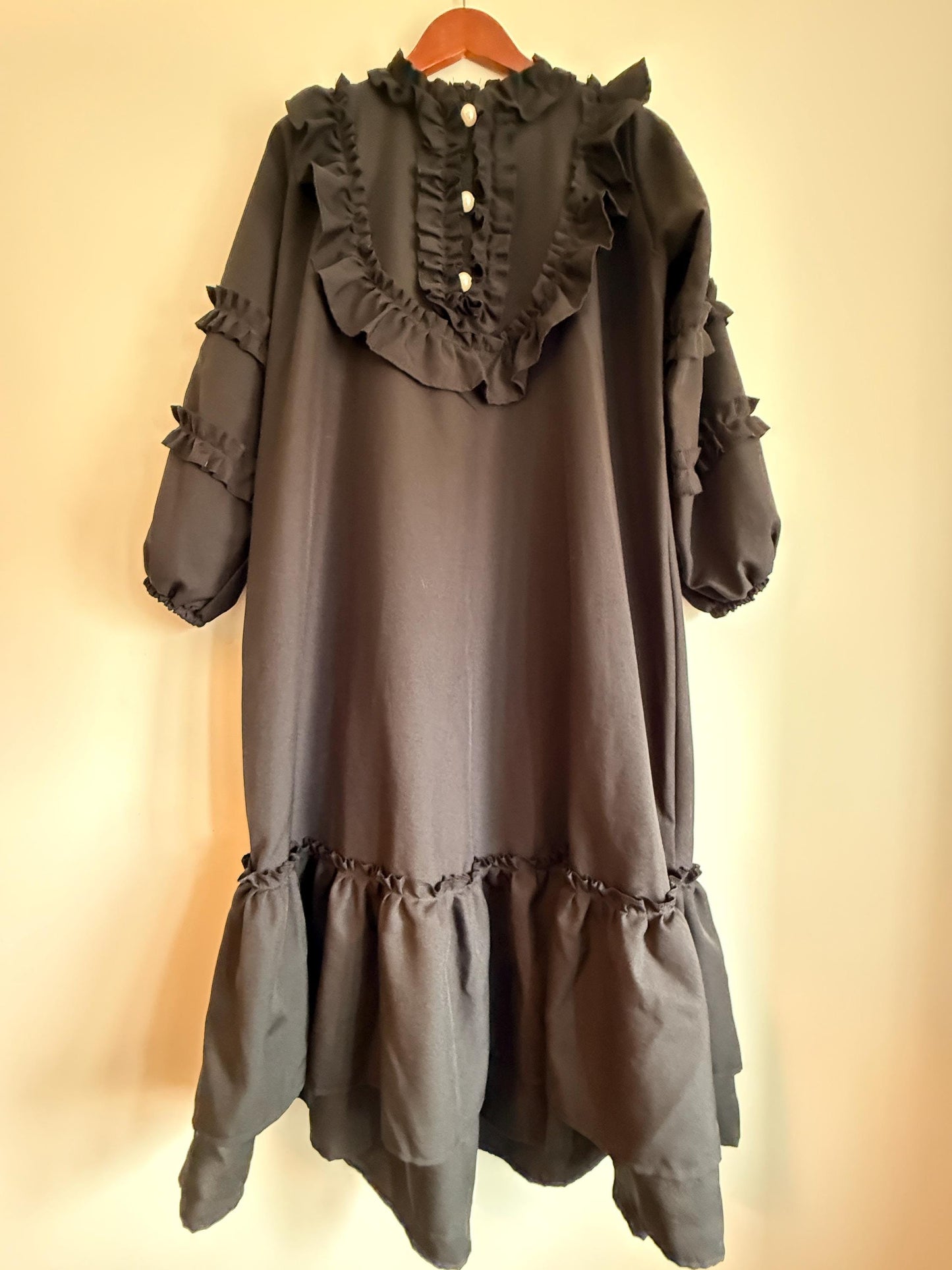 Vintage 1970s Siskou Woman Black Ruffle Maxi Dress | Portuguese Prairie Gothic Dress UK18-20