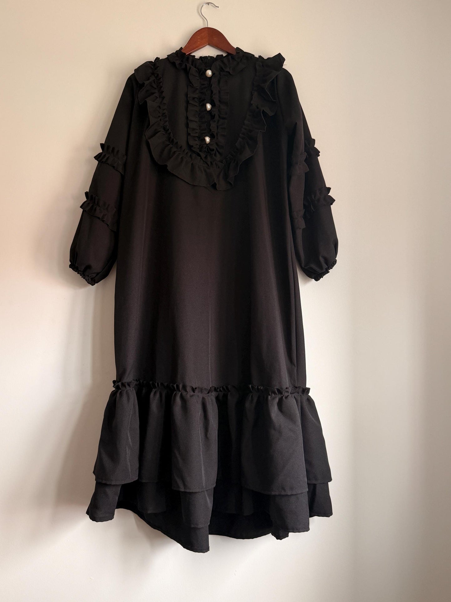 Vintage 1970s Siskou Woman Black Ruffle Maxi Dress | Portuguese Prairie Gothic Dress UK18-20