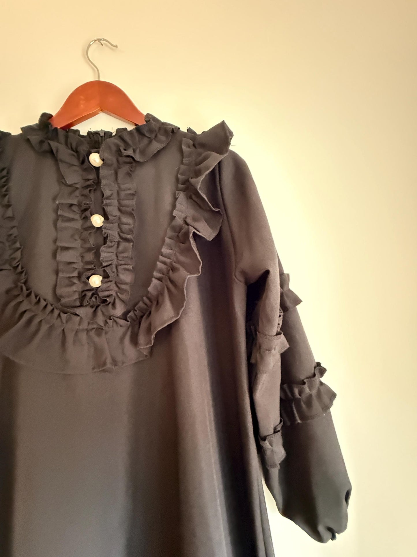 Vintage 1970s Siskou Woman Black Ruffle Maxi Dress | Portuguese Prairie Gothic Dress UK18-20