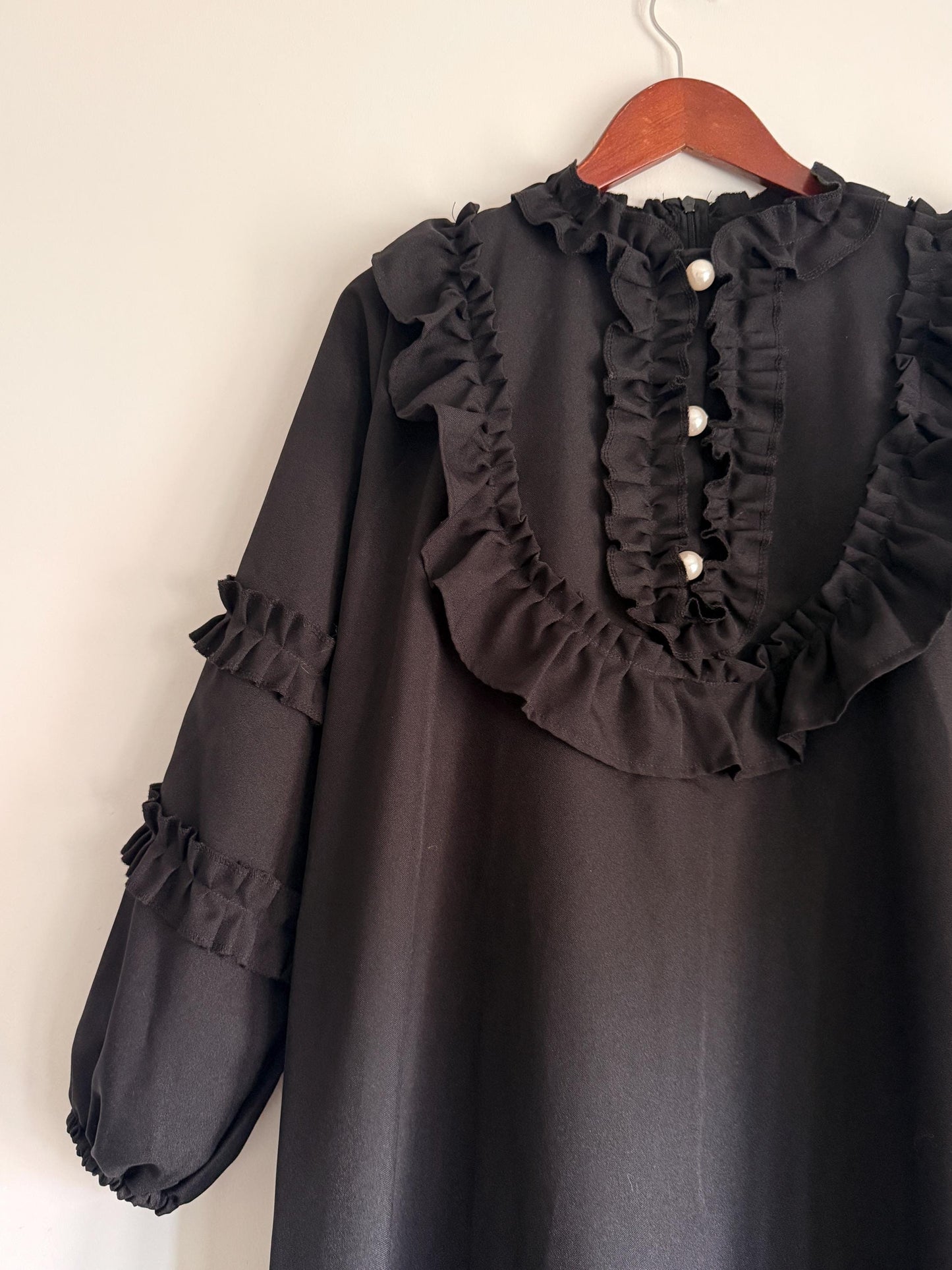 Vintage 1970s Siskou Woman Black Ruffle Maxi Dress | Portuguese Prairie Gothic Dress UK18-20
