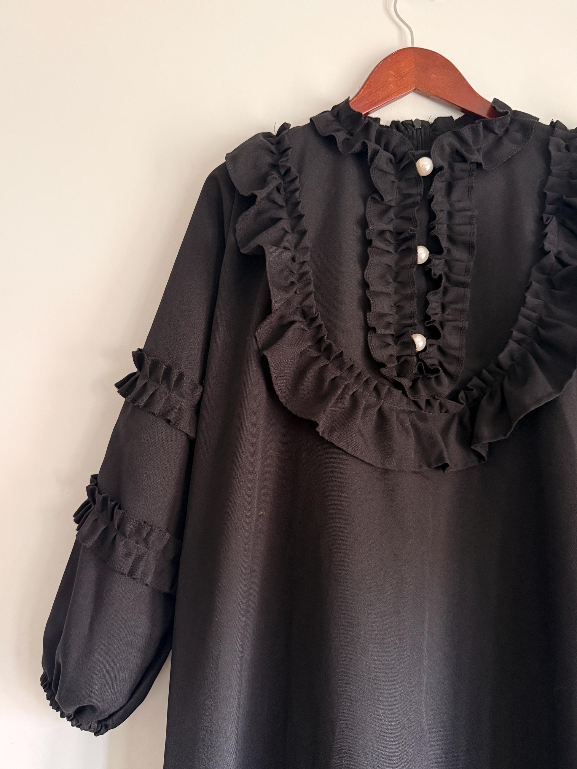 Vintage 1970s Siskou Woman Black Ruffle Maxi Dress | Portuguese Prairie Gothic Dress UK18-20