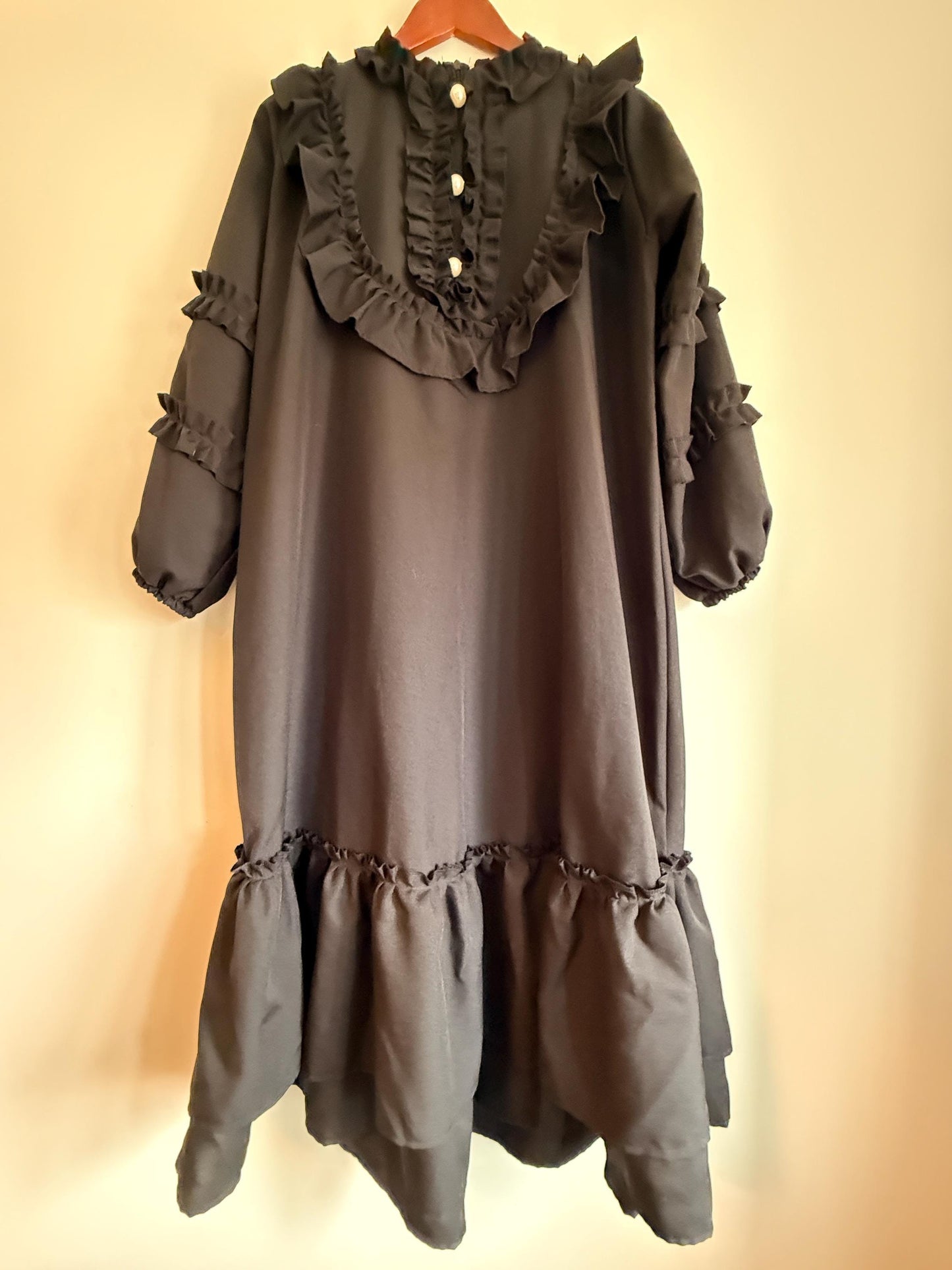 Vintage 1970s Siskou Woman Black Ruffle Maxi Dress | Portuguese Prairie Gothic Dress UK18-20