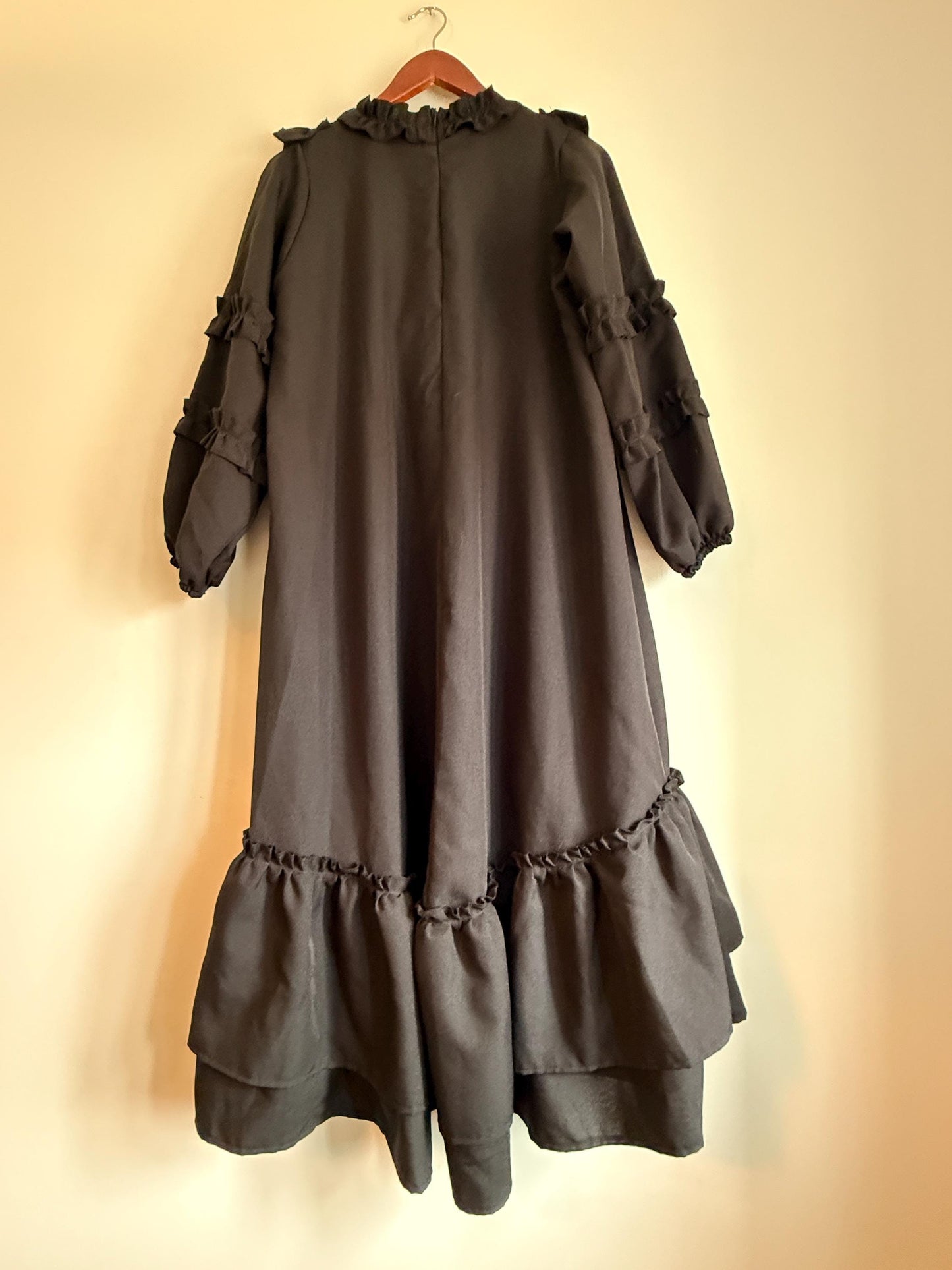 Vintage 1970s Siskou Woman Black Ruffle Maxi Dress | Portuguese Prairie Gothic Dress UK18-20
