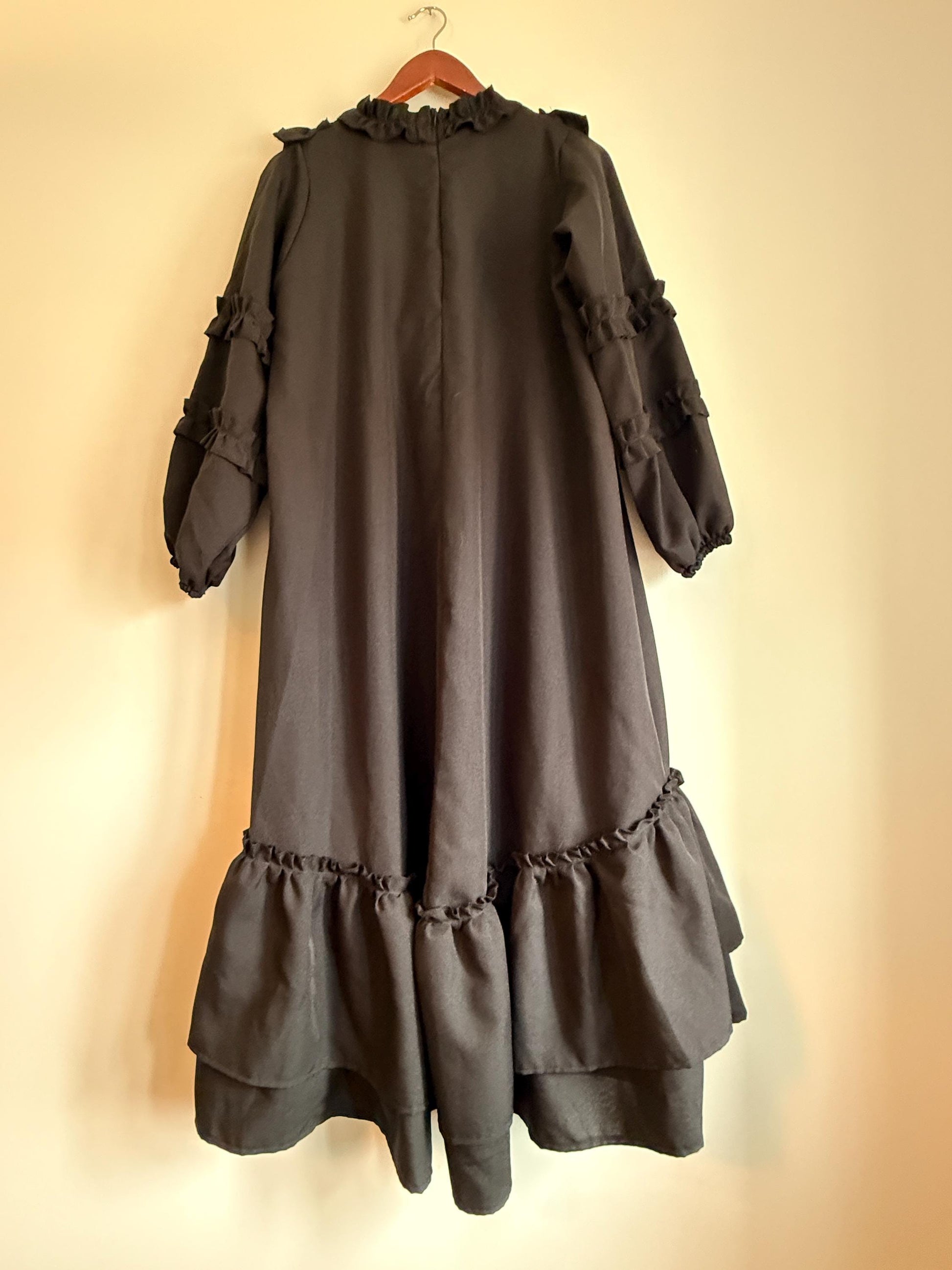 Vintage 1970s Siskou Woman Black Ruffle Maxi Dress | Portuguese Prairie Gothic Dress UK18-20