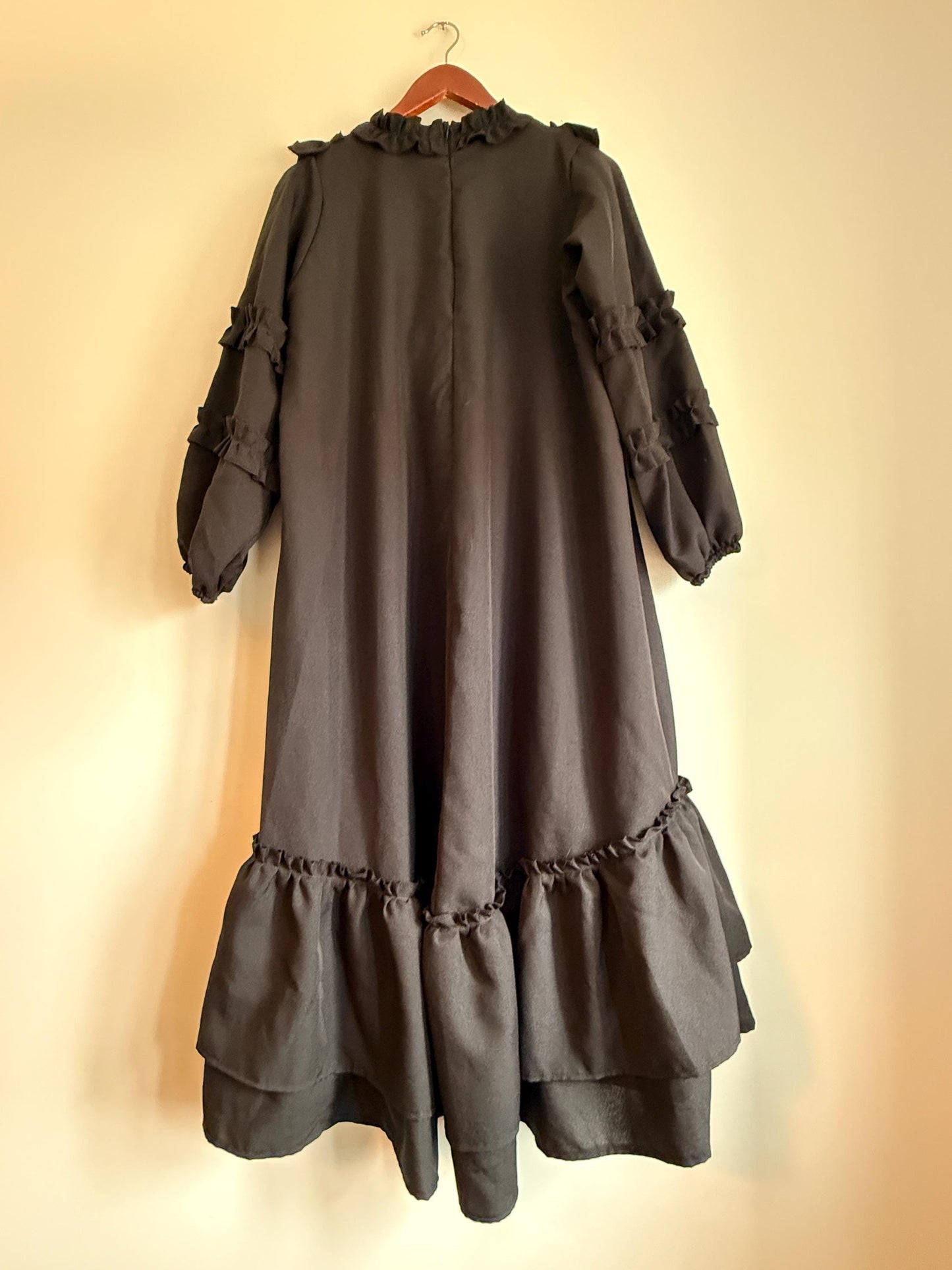 Vintage 1970s Siskou Woman Black Ruffle Maxi Dress | Portuguese Prairie Gothic Dress UK18-20