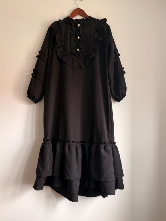 Vintage 1970s Siskou Woman Black Ruffle Maxi Dress | Portuguese Prairie Gothic Dress UK18-20