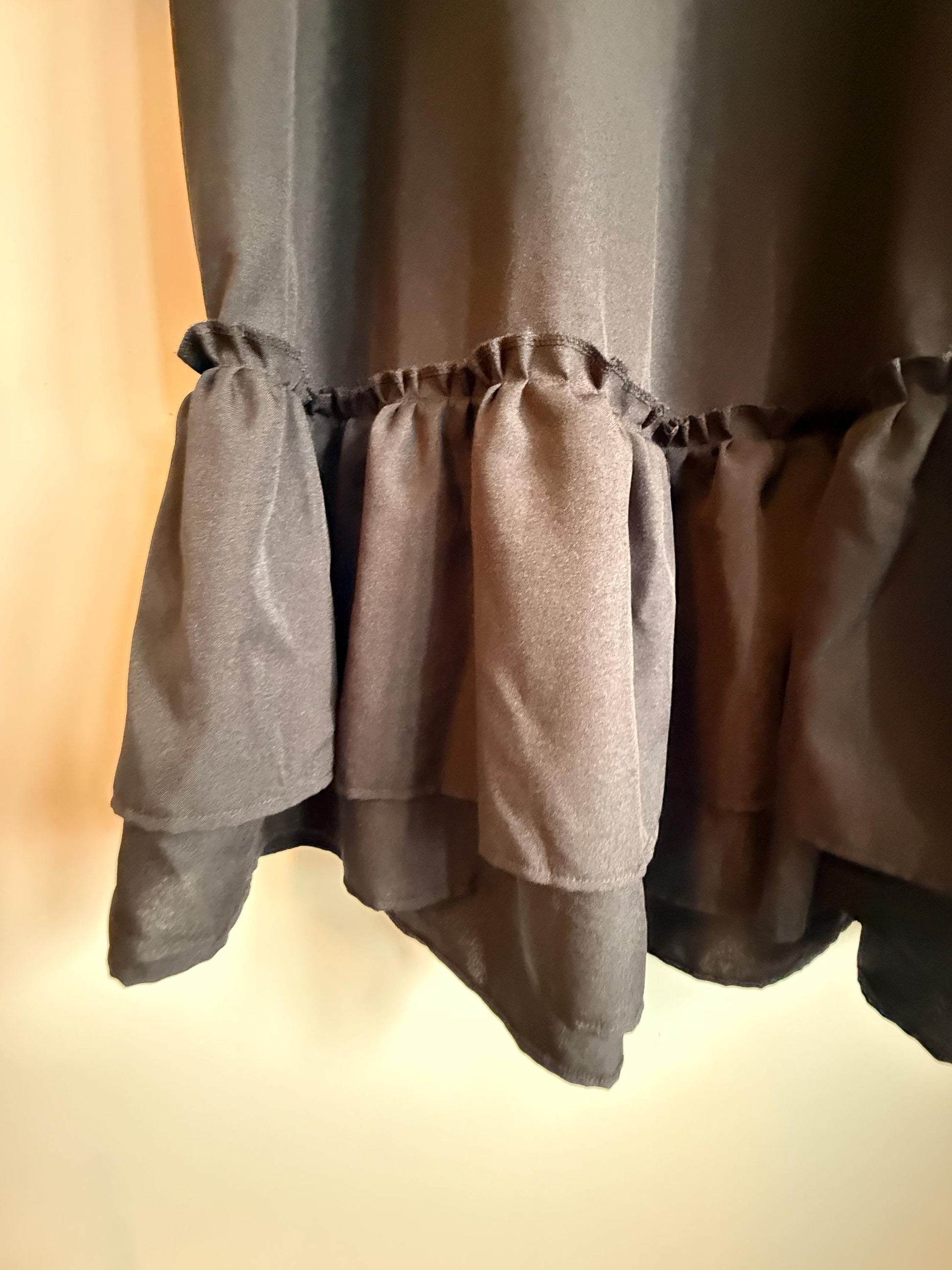 Vintage 1970s Siskou Woman Black Ruffle Maxi Dress | Portuguese Prairie Gothic Dress UK18-20