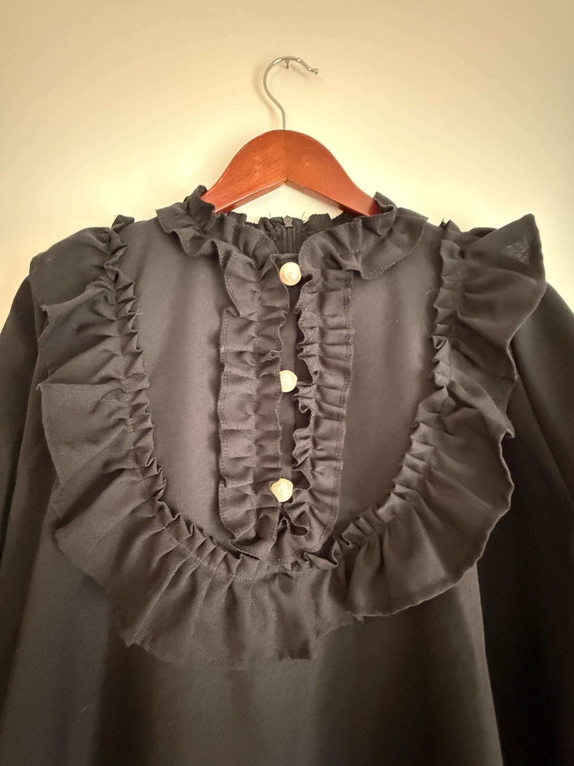 Vintage 1970s Siskou Woman Black Ruffle Maxi Dress | Portuguese Prairie Gothic Dress UK18-20