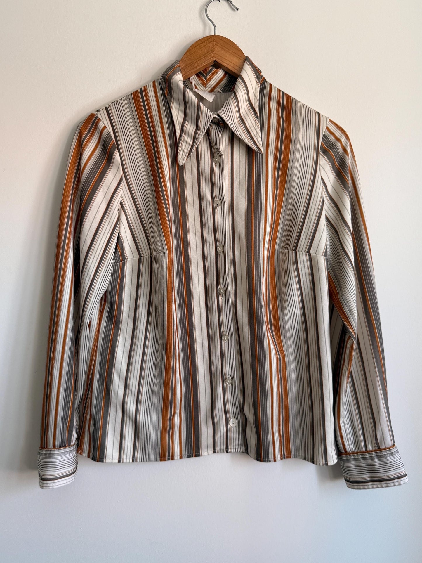Vintage 1970s Striped Shirt | Brown Orange Stripe Blouse | Retro Disco Shirt | Pointed Collar Blouse | Smart Vintage Top