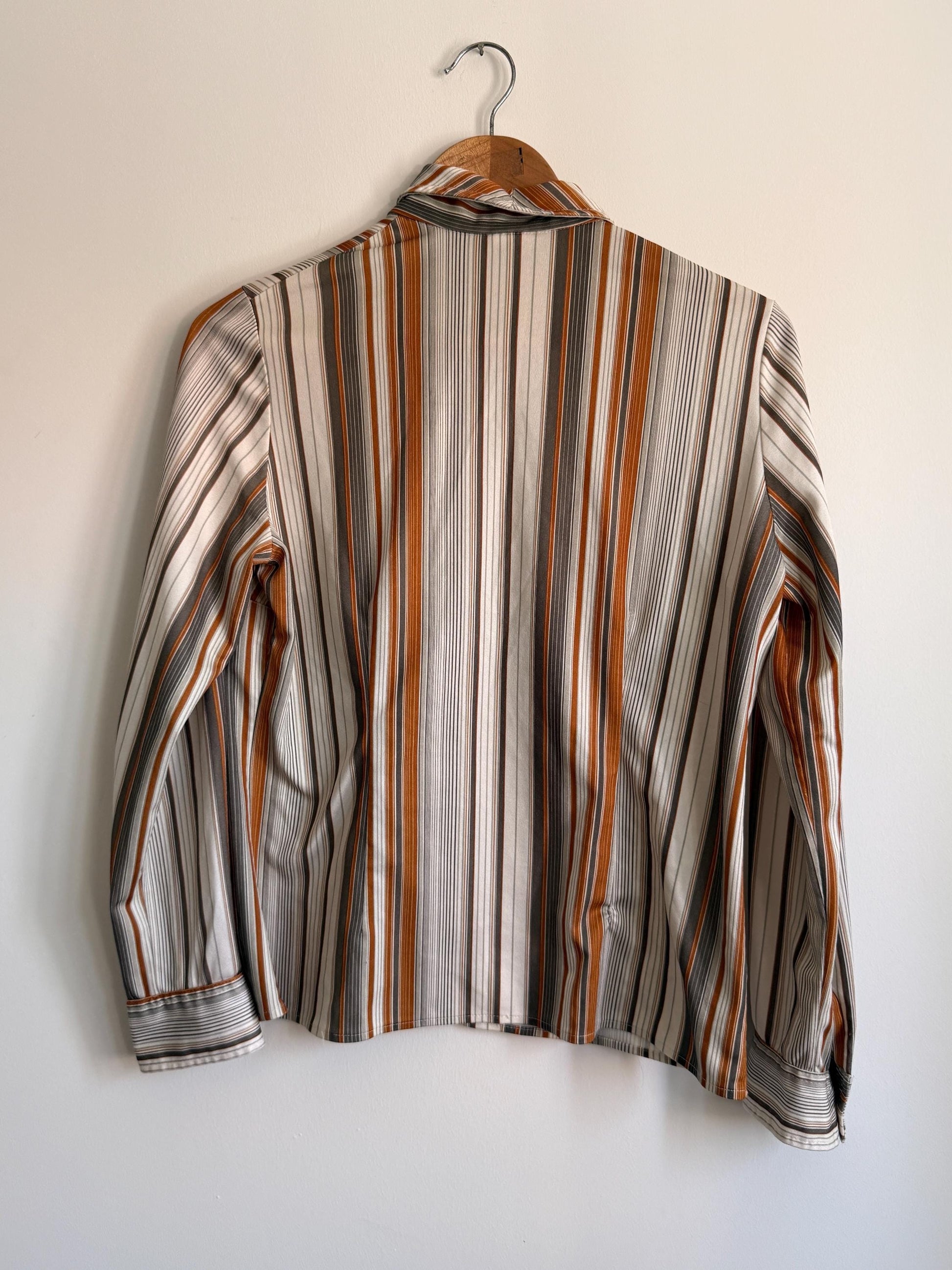 Vintage 1970s Striped Shirt | Brown Orange Stripe Blouse | Retro Disco Shirt | Pointed Collar Blouse | Smart Vintage Top
