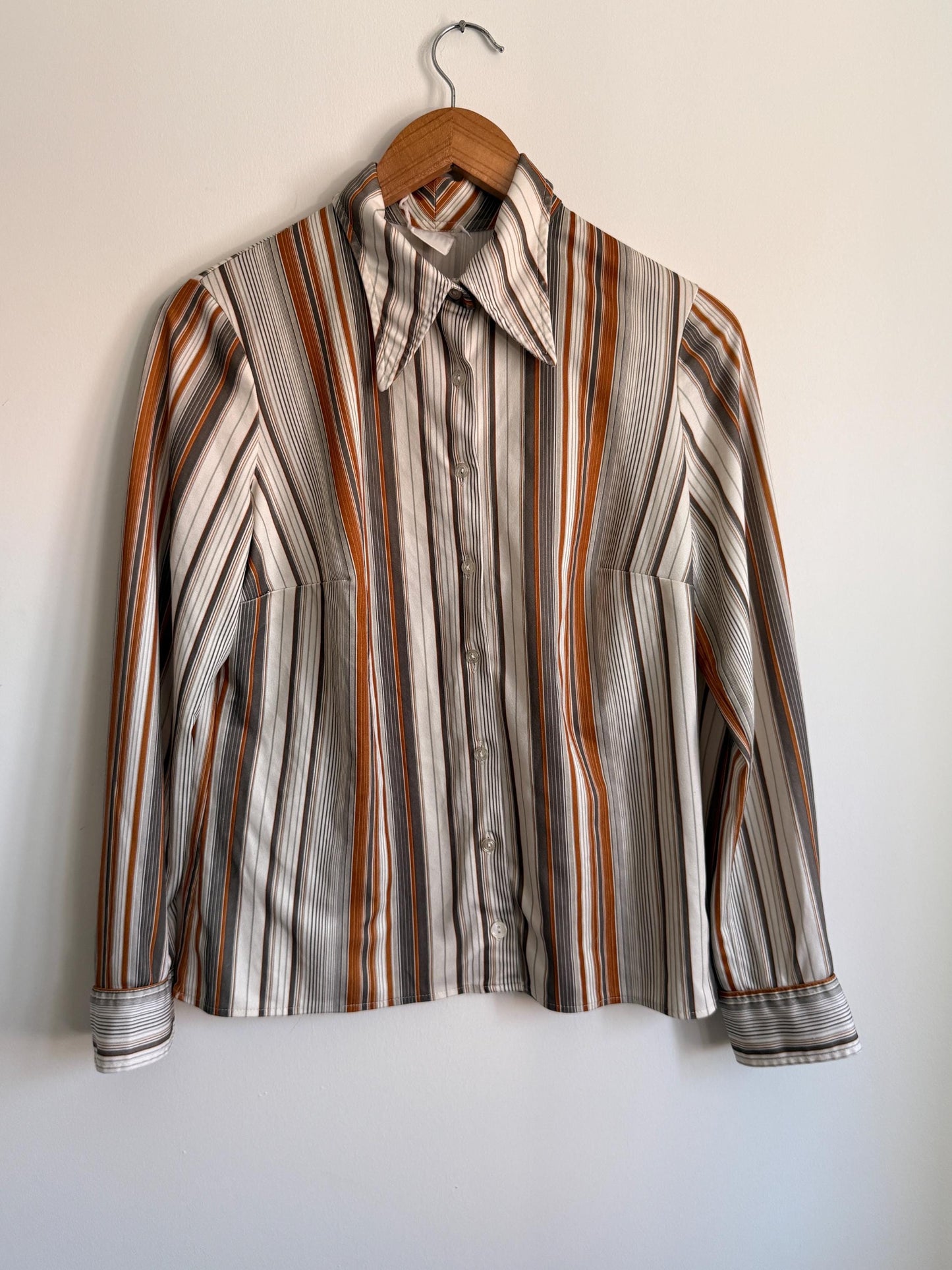 Vintage 1970s Striped Shirt | Brown Orange Stripe Blouse | Retro Disco Shirt | Pointed Collar Blouse | Smart Vintage Top