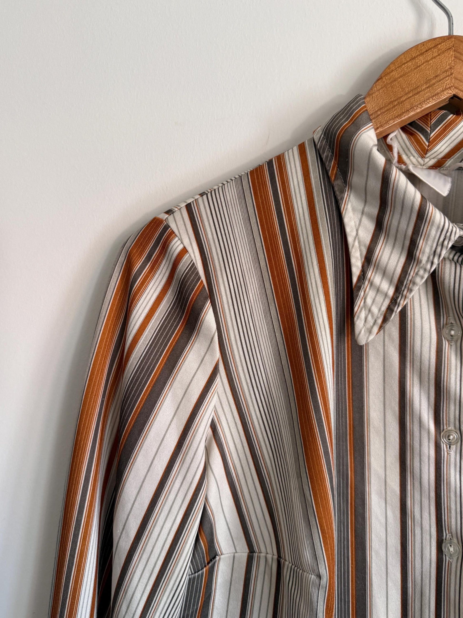 Vintage 1970s Striped Shirt | Brown Orange Stripe Blouse | Retro Disco Shirt | Pointed Collar Blouse | Smart Vintage Top
